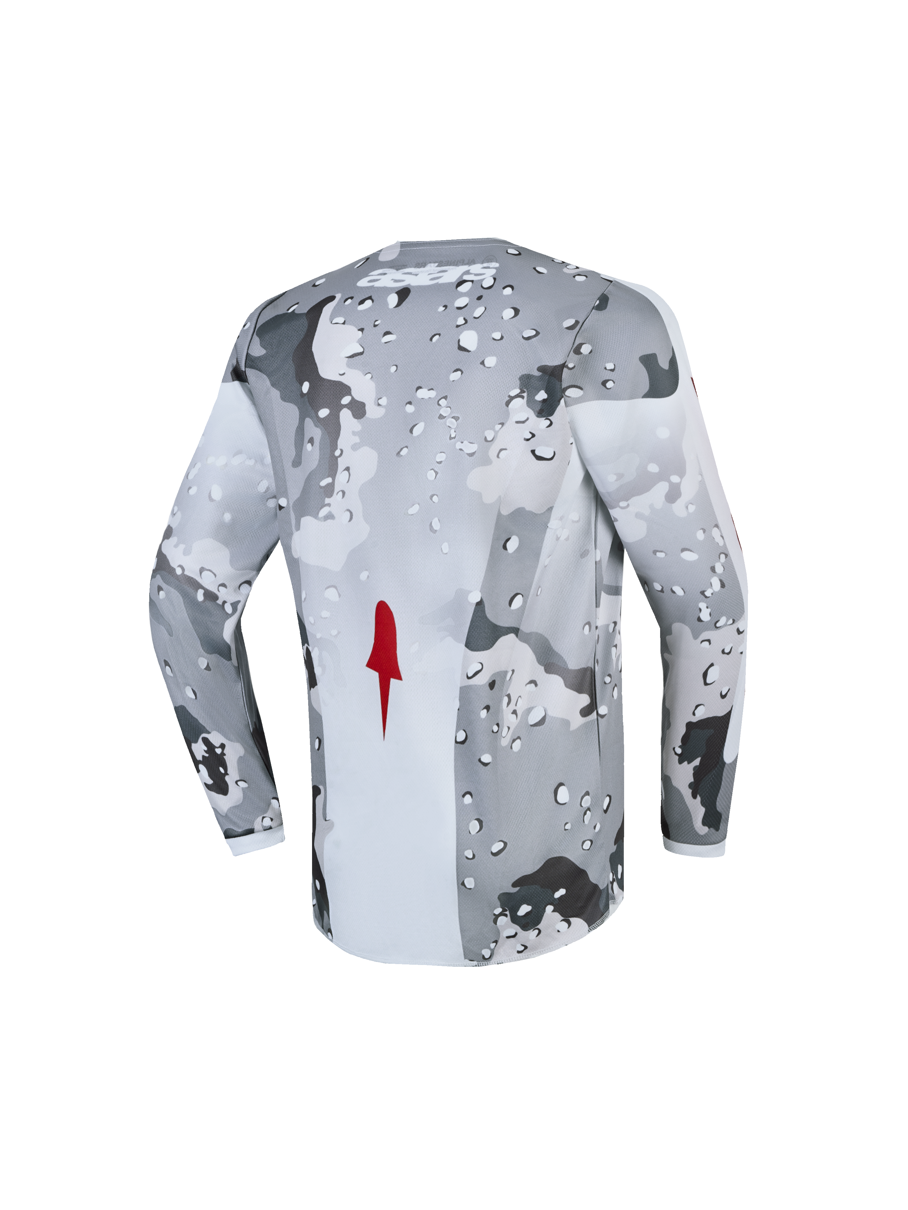 Alpinestars Jersey Fluid Lone Juvenil, jersey de motocross para jóvenes pilotos, gris camuflaje y blanco, tejido transpirable con detalle rojo, vista posterior