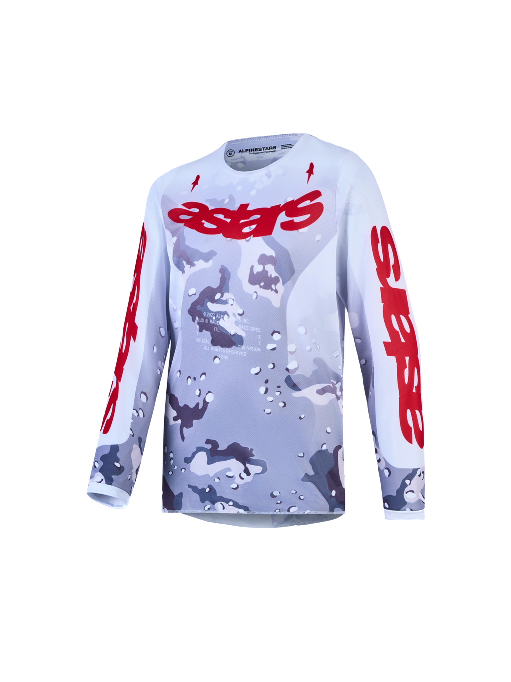 Alpinestars Jersey Fluid Lone Juvenil, jersey de motocross gris camuflaje y rojo fuego, tejido ligero y transpirable.