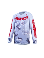 Alpinestars Jersey Fluid Lone Juvenil, jersey de motocross gris camuflaje y rojo fuego, tejido ligero y transpirable.