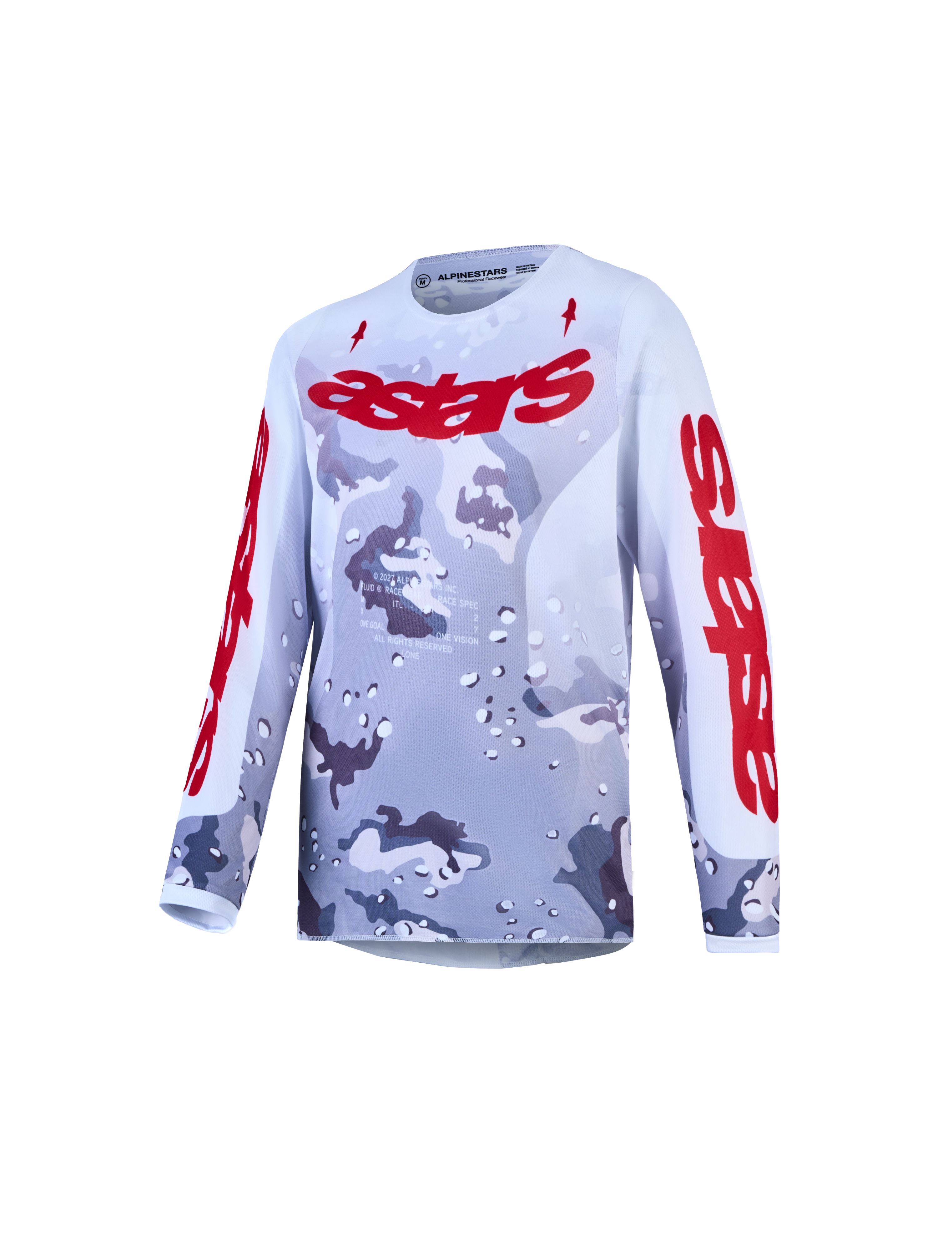 Alpinestars Jersey Fluid Lone Juvenil, jersey de motocross gris camuflaje y rojo fuego, tejido ligero y transpirable.