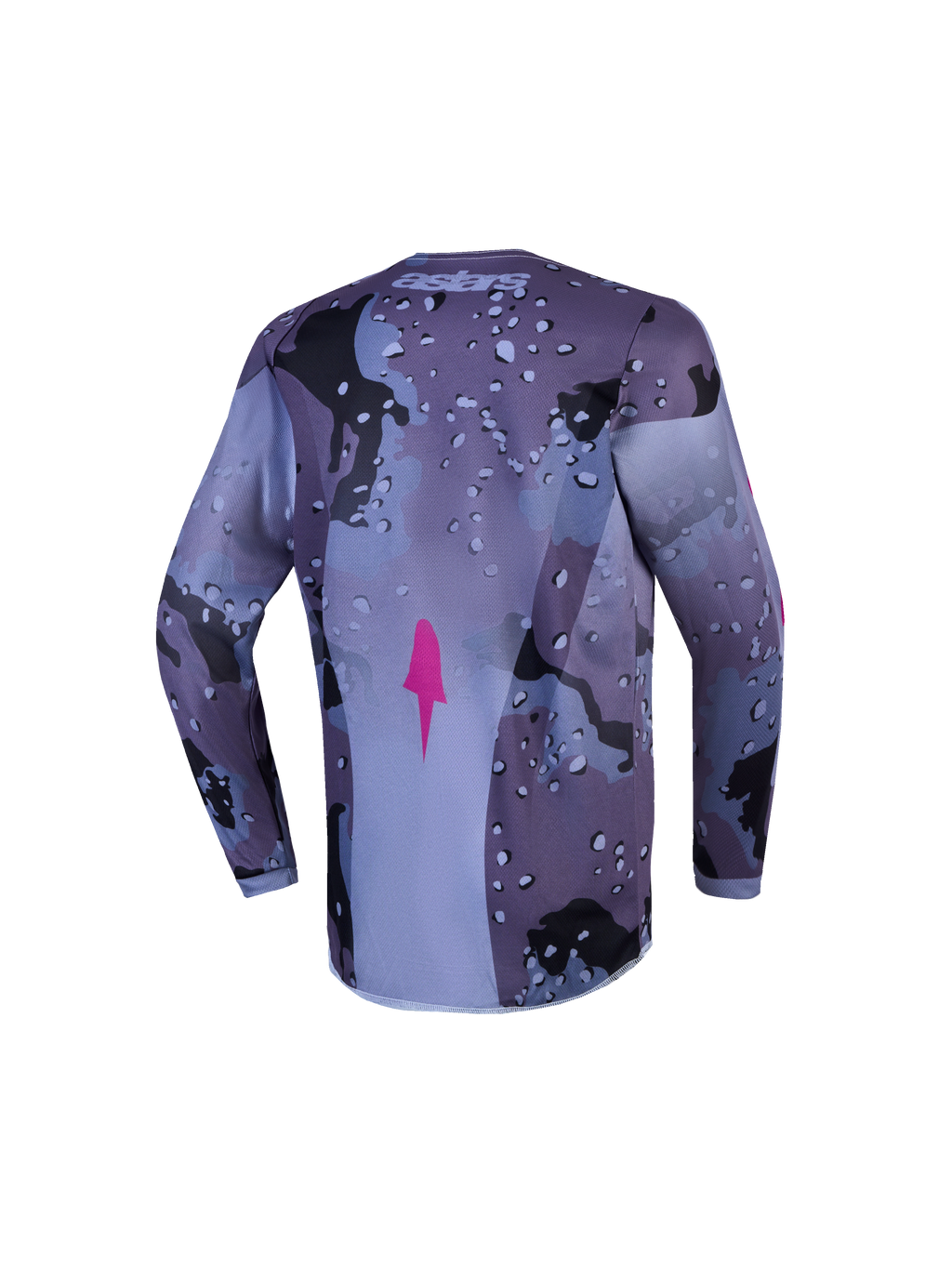 Jersey Fluid Lone Juvenil de Alpinestars para motocross, camuflaje gris y morado, vista trasera con dobladillo extendido.