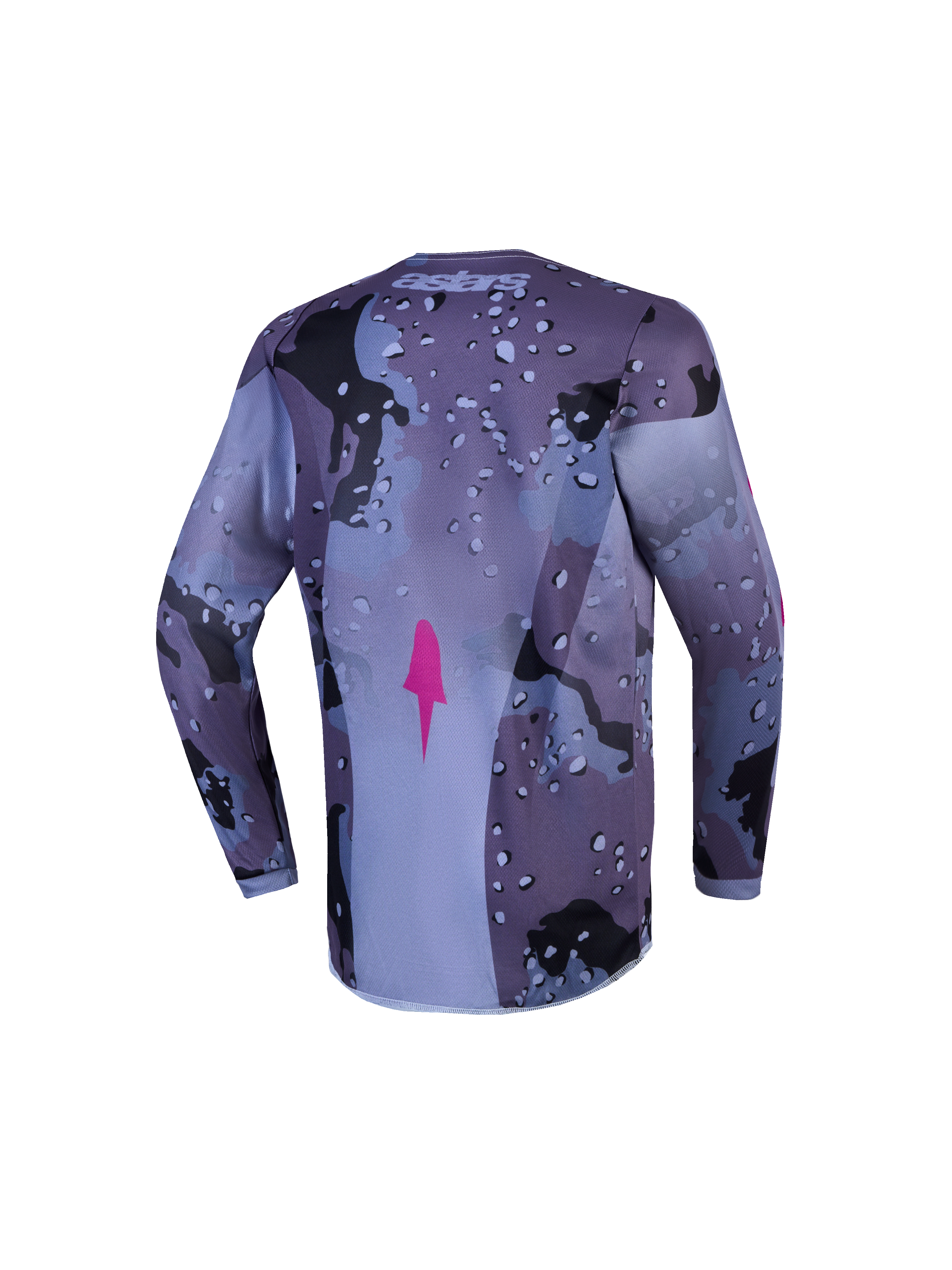 Jersey Fluid Lone Juvenil de Alpinestars para motocross, camuflaje gris y morado, vista trasera con dobladillo extendido.