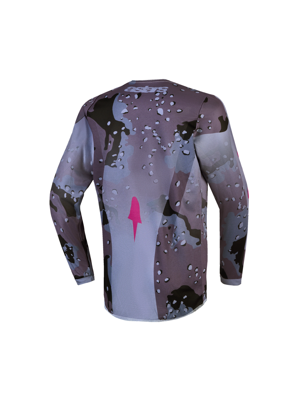 Alpinestars Fluid Lone Juvenil, jersey de motocross, gris camuflaje y morado, vista trasera con corte alargado y transpirable