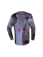 Alpinestars Fluid Lone Juvenil, jersey de motocross, gris camuflaje y morado, vista trasera con corte alargado y transpirable