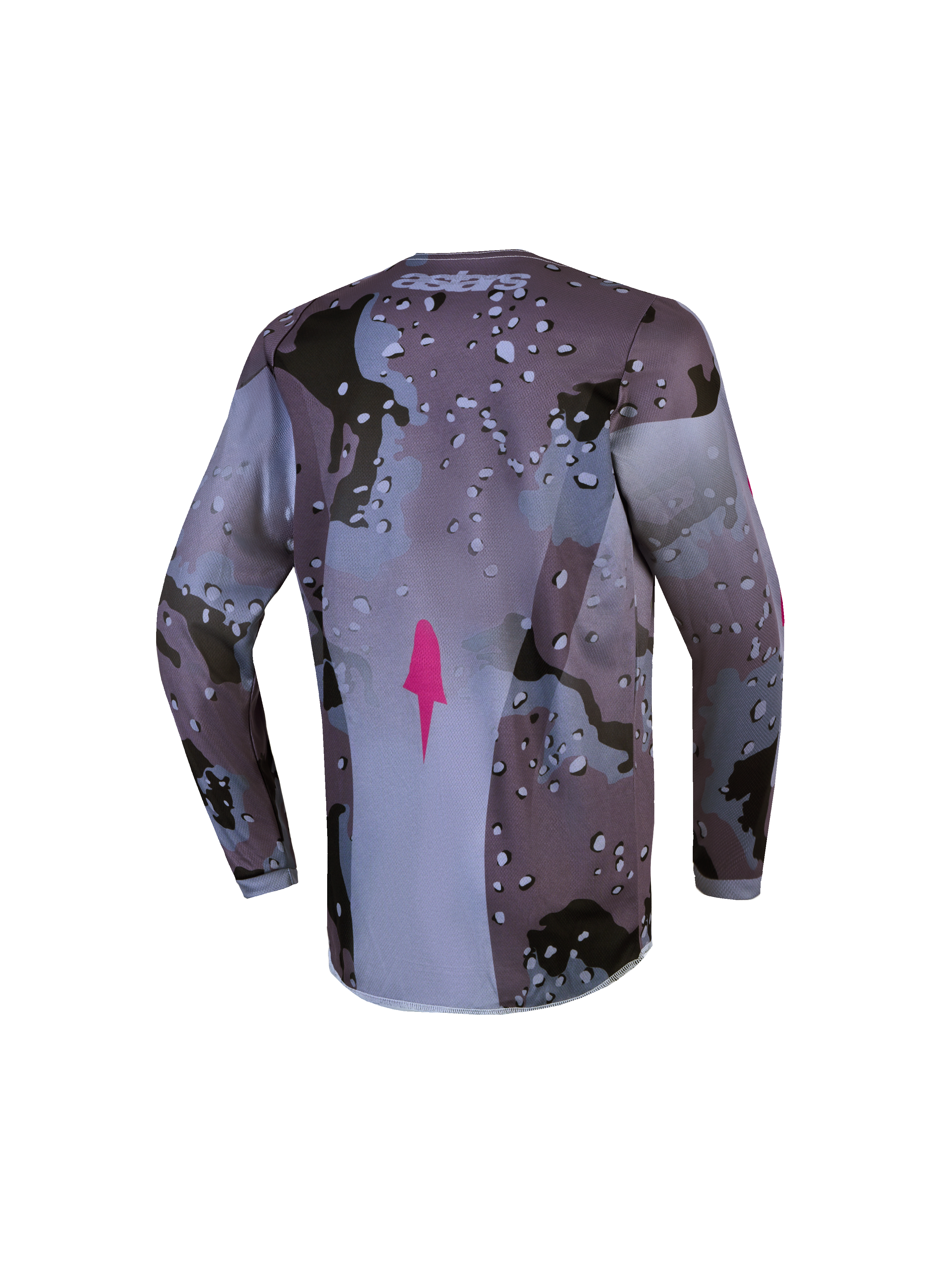Alpinestars Fluid Lone Juvenil, jersey de motocross, gris camuflaje y morado, vista trasera con corte alargado y transpirable
