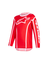 Alpinestars 2026 Youth Fluid Apex Jersey, Red and White, long-sleeve motocross jersey featuring white Alpinestars logo on chest and lettering on sleeve, athletic fit, moisture-wicking polyfabric for off-road racing