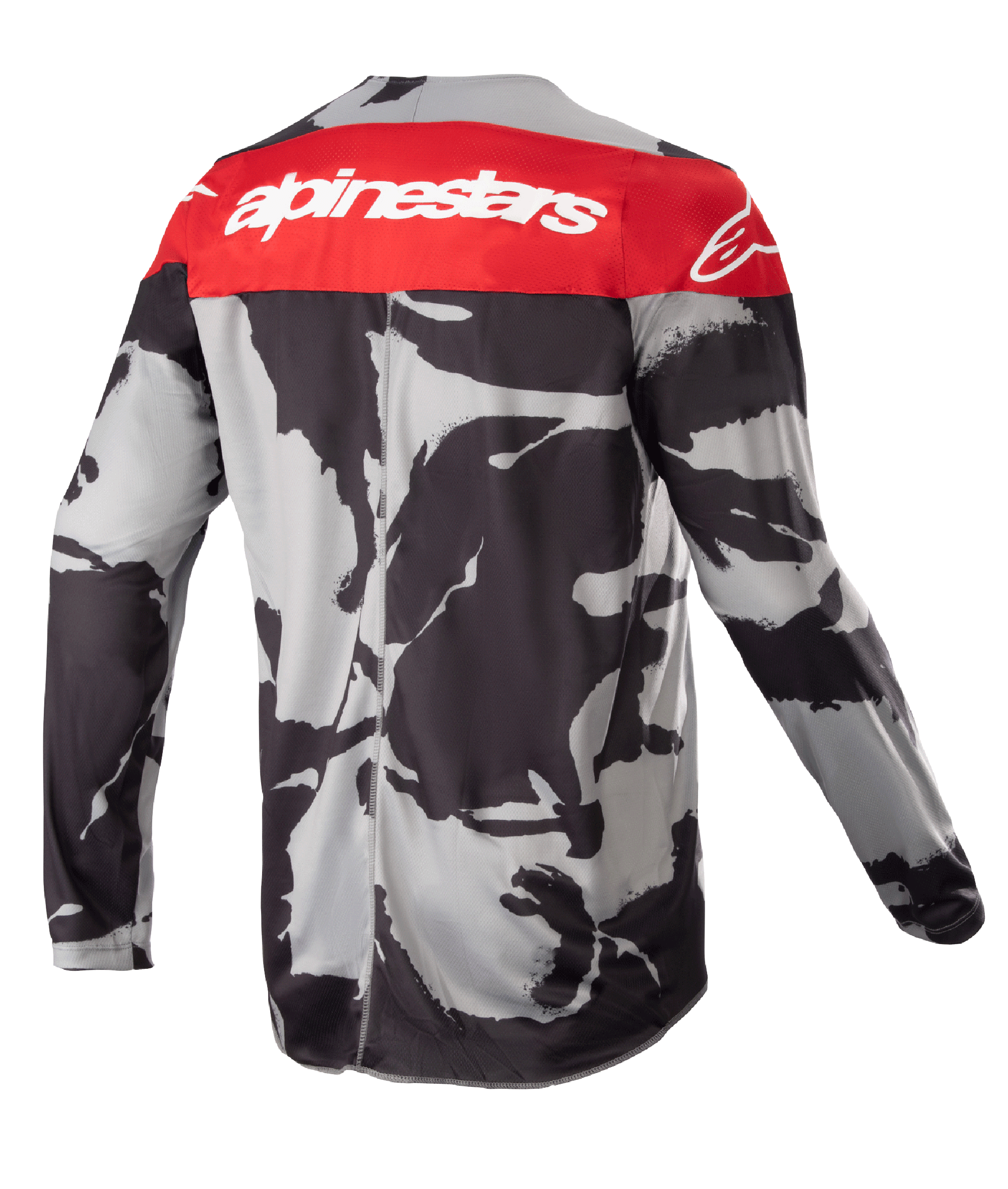 Alpinestars Jersey Racer Tactical Juvenil 2023, jersey de motocross, Gris Camuflaje y Rojo Mars, vista trasera con un panel rojo en los hombros y marca Alpinestars en blanco, patrón de camuflaje abstracto en negro y gris, equipamiento ligero que absorbe la humedad para carreras off-road