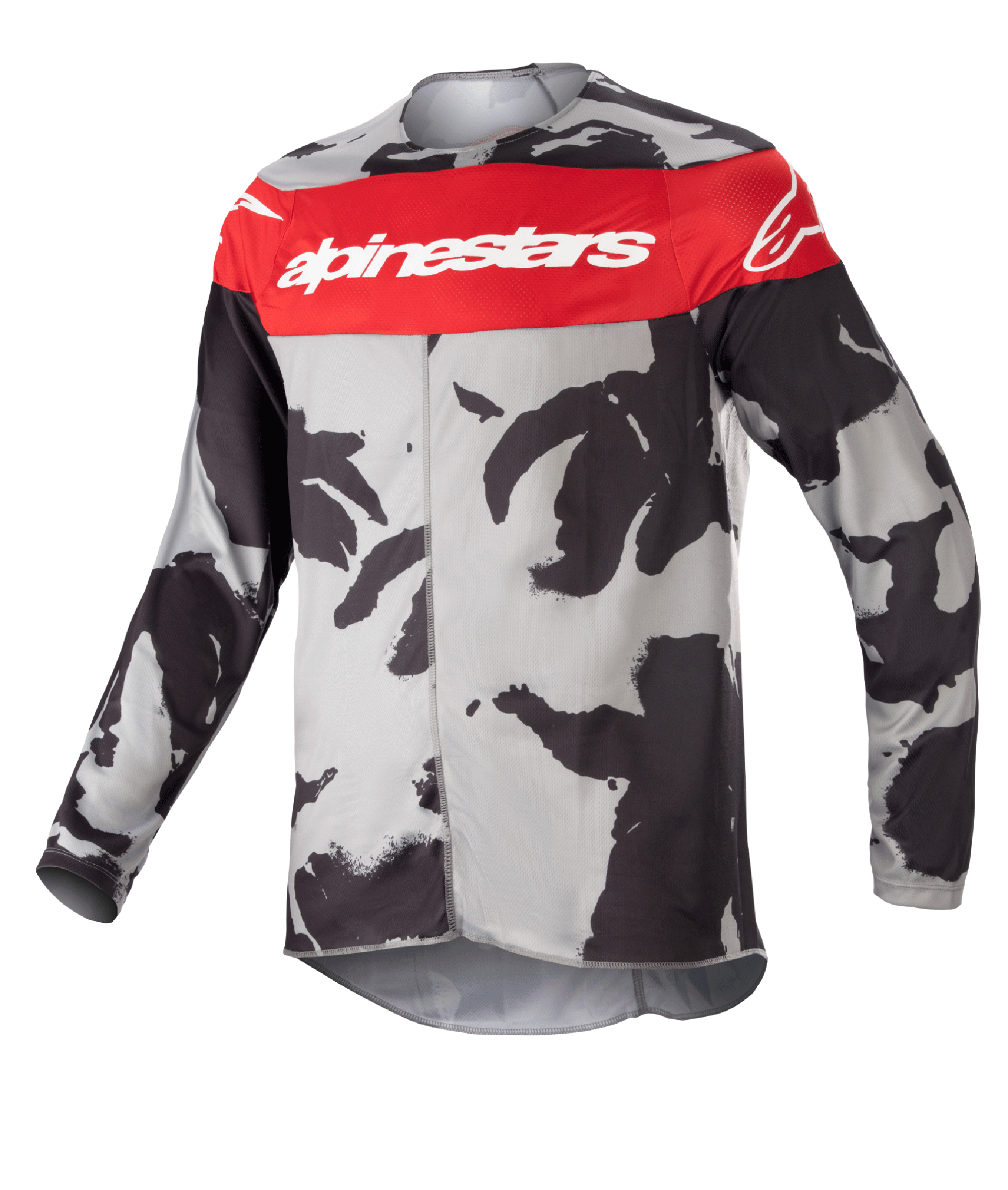 Alpinestars Youth 2023 Racer Tactical Jersey, jersey de motocross, camuflaje Gris Cast y Rojo Mars, con una banda roja horizontal en el pecho y el logotipo blanco de Alpinestars, patrón de camuflaje gris y negro, tejido ligero que absorbe la humedad para conducción off-road