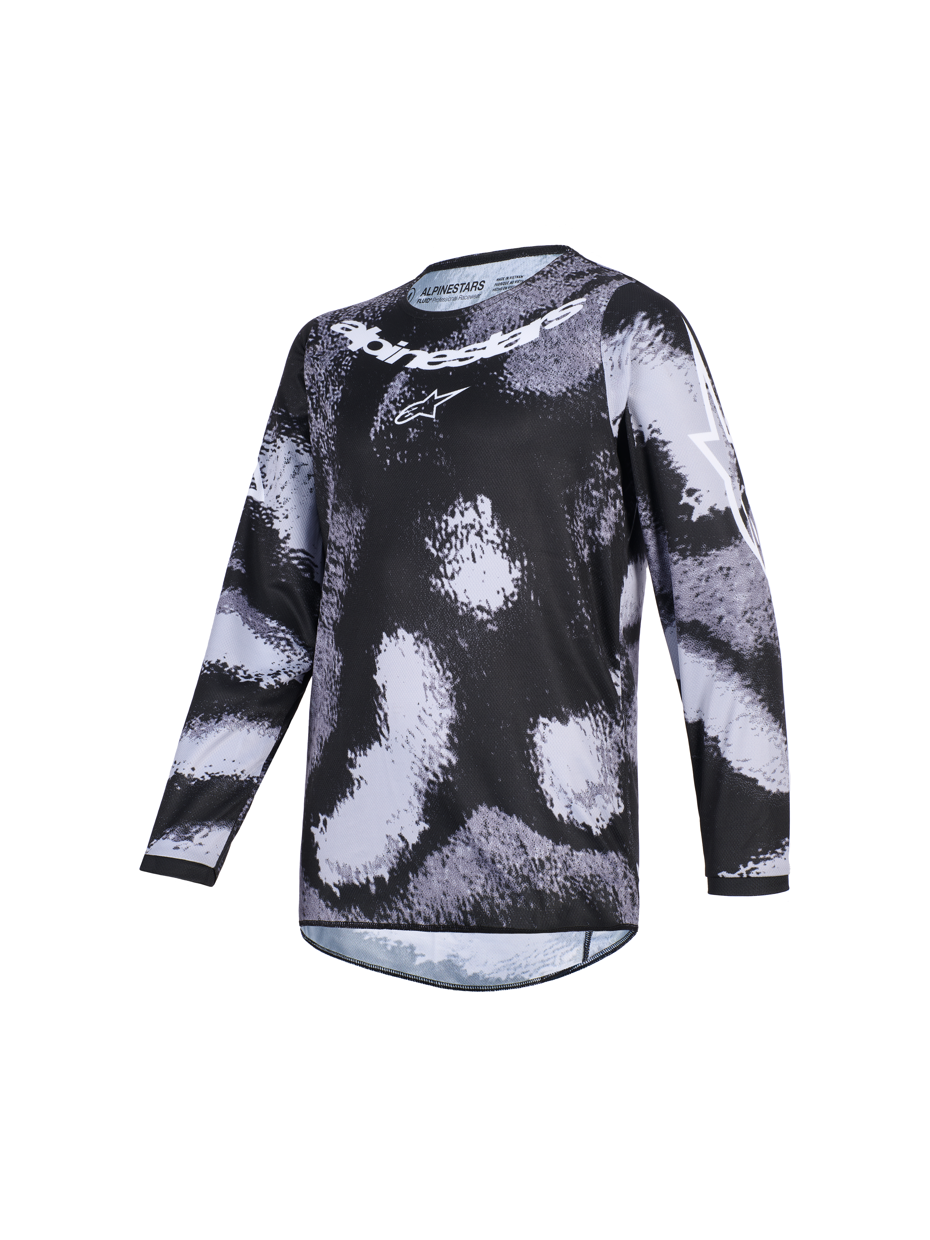 Alpinestars 2026 Racer Lahnd Jersey, Motocross Jersey, Iron Camo, Black and grey camouflage pattern, white Alpinestars wordmark and logo on chest, long-sleeve performance off-road apparel