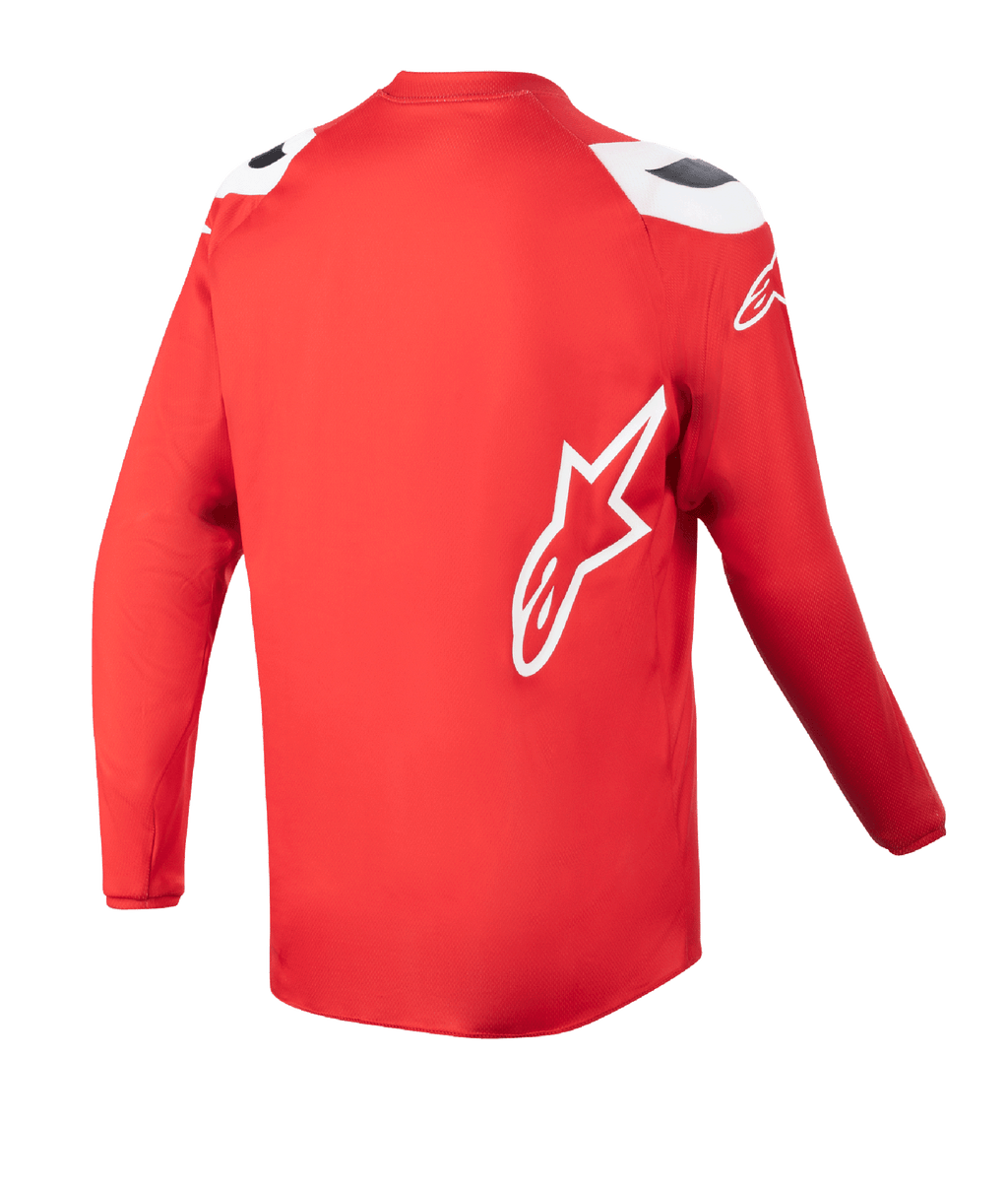 Jersey Juvenil Alpinestars Racer Narin 2023, jersey de motocross, rojo Marte y blanco, vista trasera que muestra el dobladillo posterior extendido, logotipo de estrella Alpinestars blanco en el lateral, ropa técnica de alto rendimiento para todoterreno