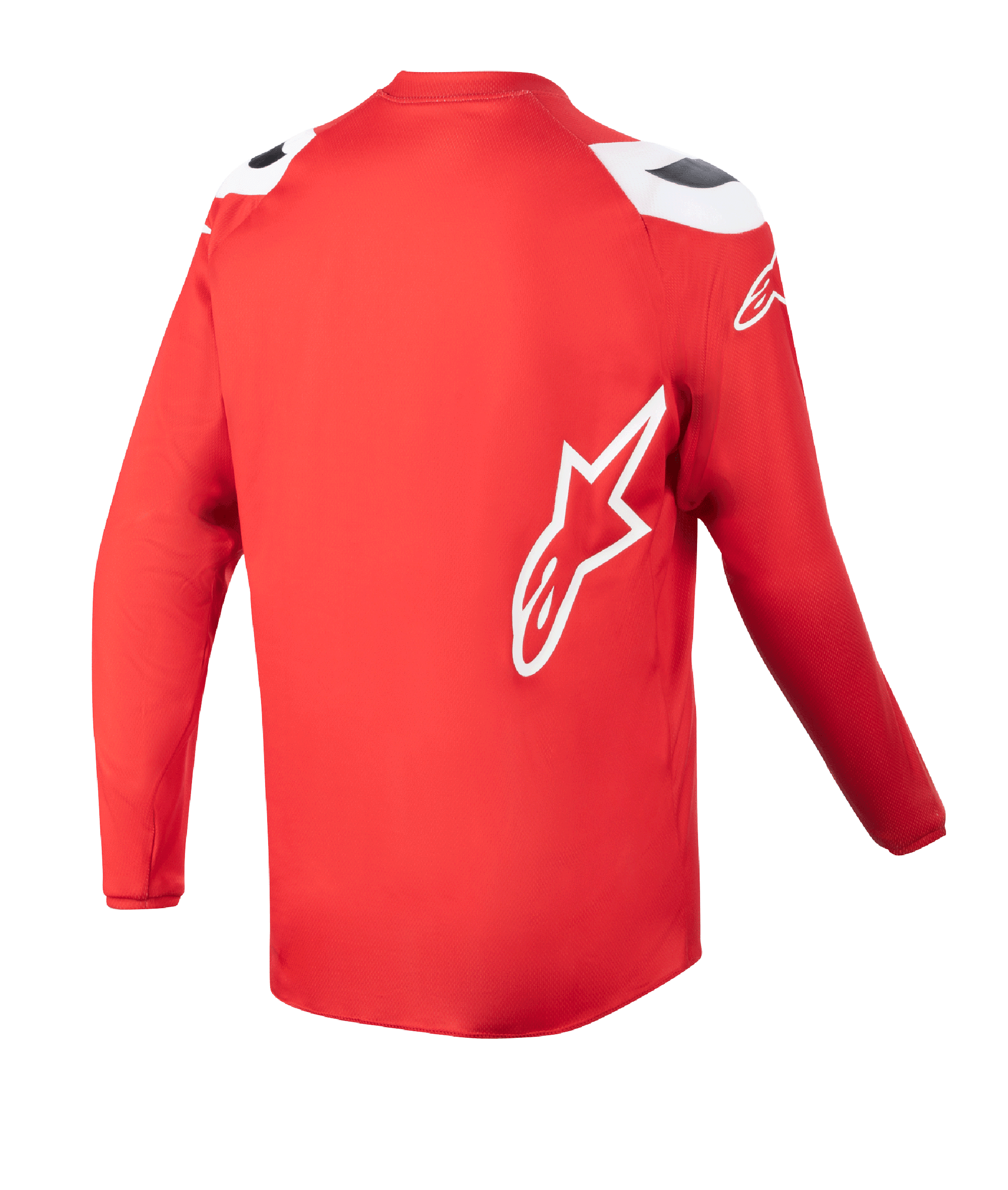 Jersey Juvenil Alpinestars Racer Narin 2023, jersey de motocross, rojo Marte y blanco, vista trasera que muestra el dobladillo posterior extendido, logotipo de estrella Alpinestars blanco en el lateral, ropa técnica de alto rendimiento para todoterreno
