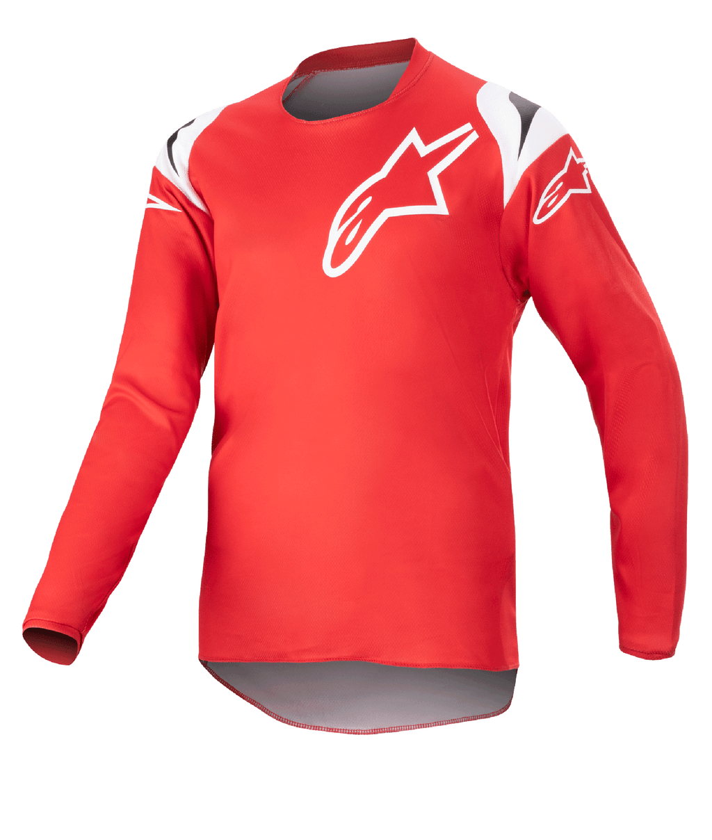Alpinestars Youth 2023 Racer Narin Jersey, camiseta de motocross, rojo marte y blanco, con un gran logotipo de estrella blanca en el pecho y detalles en los hombros, tejido técnico ligero de manga larga para competición off-road