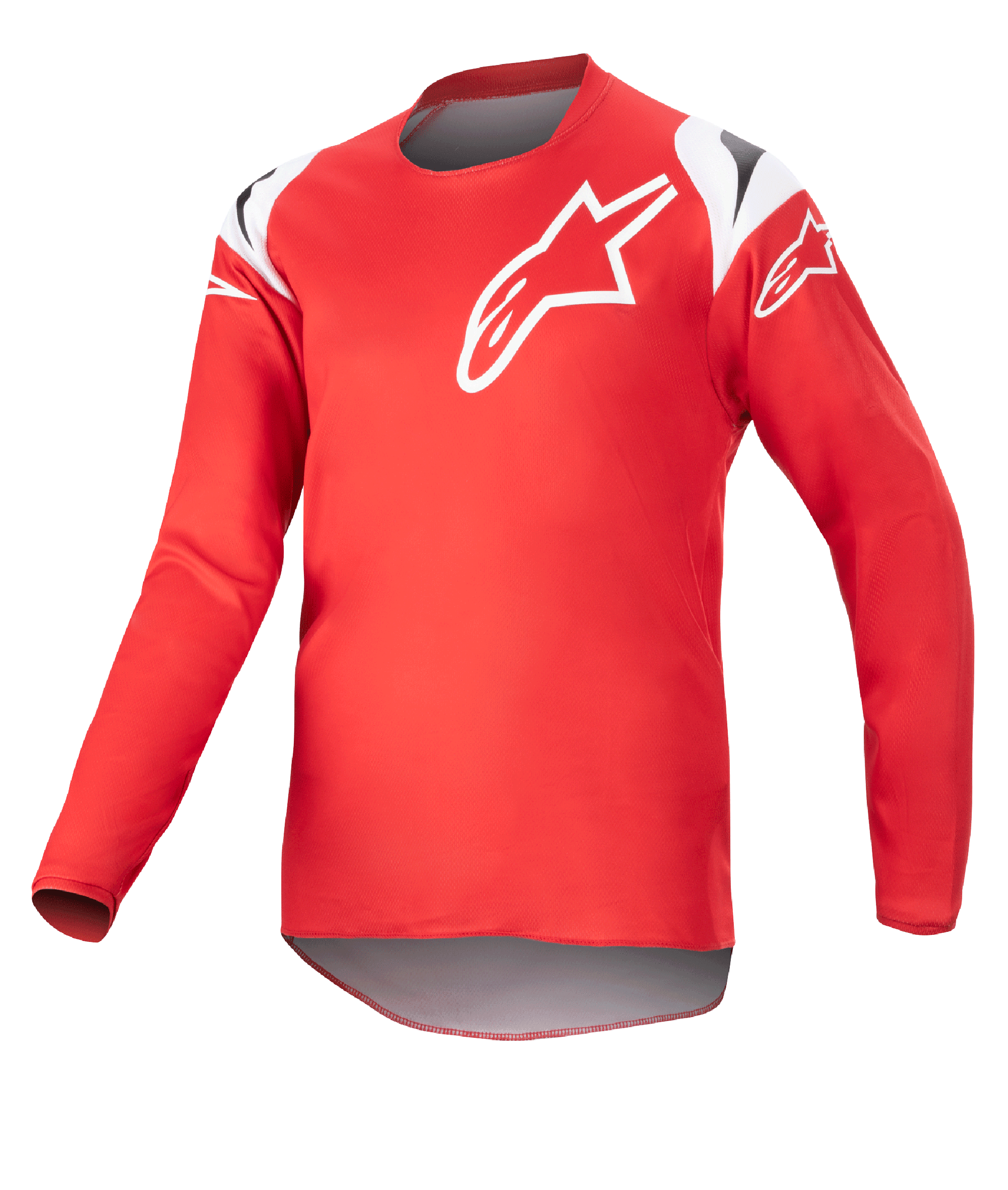 Alpinestars Youth 2023 Racer Narin Jersey, camiseta de motocross, rojo marte y blanco, con un gran logotipo de estrella blanca en el pecho y detalles en los hombros, tejido técnico ligero de manga larga para competición off-road