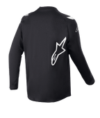 Alpinestars Jersey Racer Graphite Juvenil 2023, jersey de motocross, negro reflectante, vista posterior con un gran logotipo de estrella de Alpinestars en blanco, tejido técnico con absorción de humedad, manga larga, equipamiento duradero para todoterreno