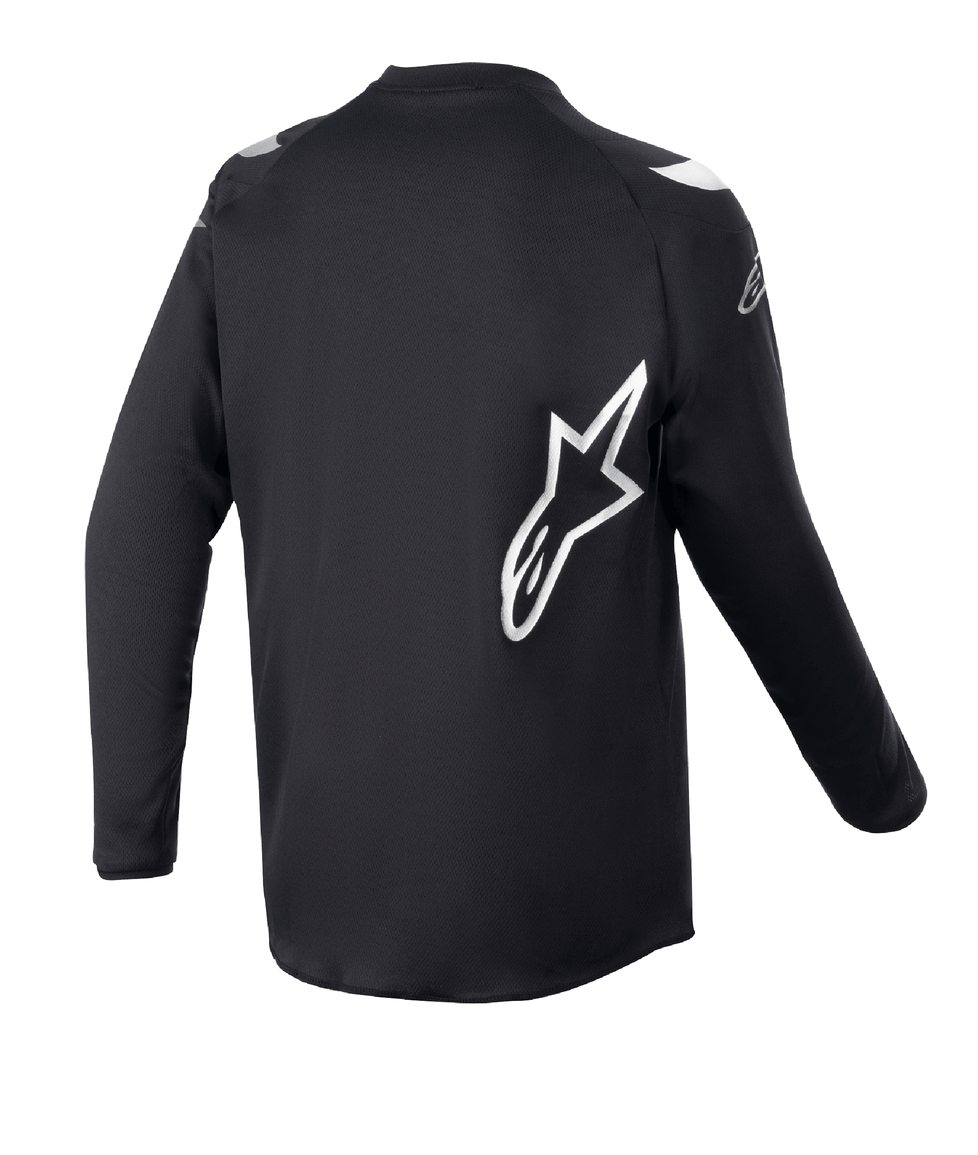 Alpinestars Jersey Racer Graphite Juvenil 2023, jersey de motocross, negro reflectante, vista posterior con un gran logotipo de estrella de Alpinestars en blanco, tejido técnico con absorción de humedad, manga larga, equipamiento duradero para todoterreno