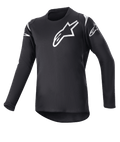 Alpinestars Youth 2023 Racer Graphite Jersey, jersey de motocross, negro y negro reflectante, logotipos de estrellas blancas en el pecho y los hombros, manga larga, tejido ligero que absorbe la humedad con dobladillo trasero más largo, diseño deportivo para conducción off-road