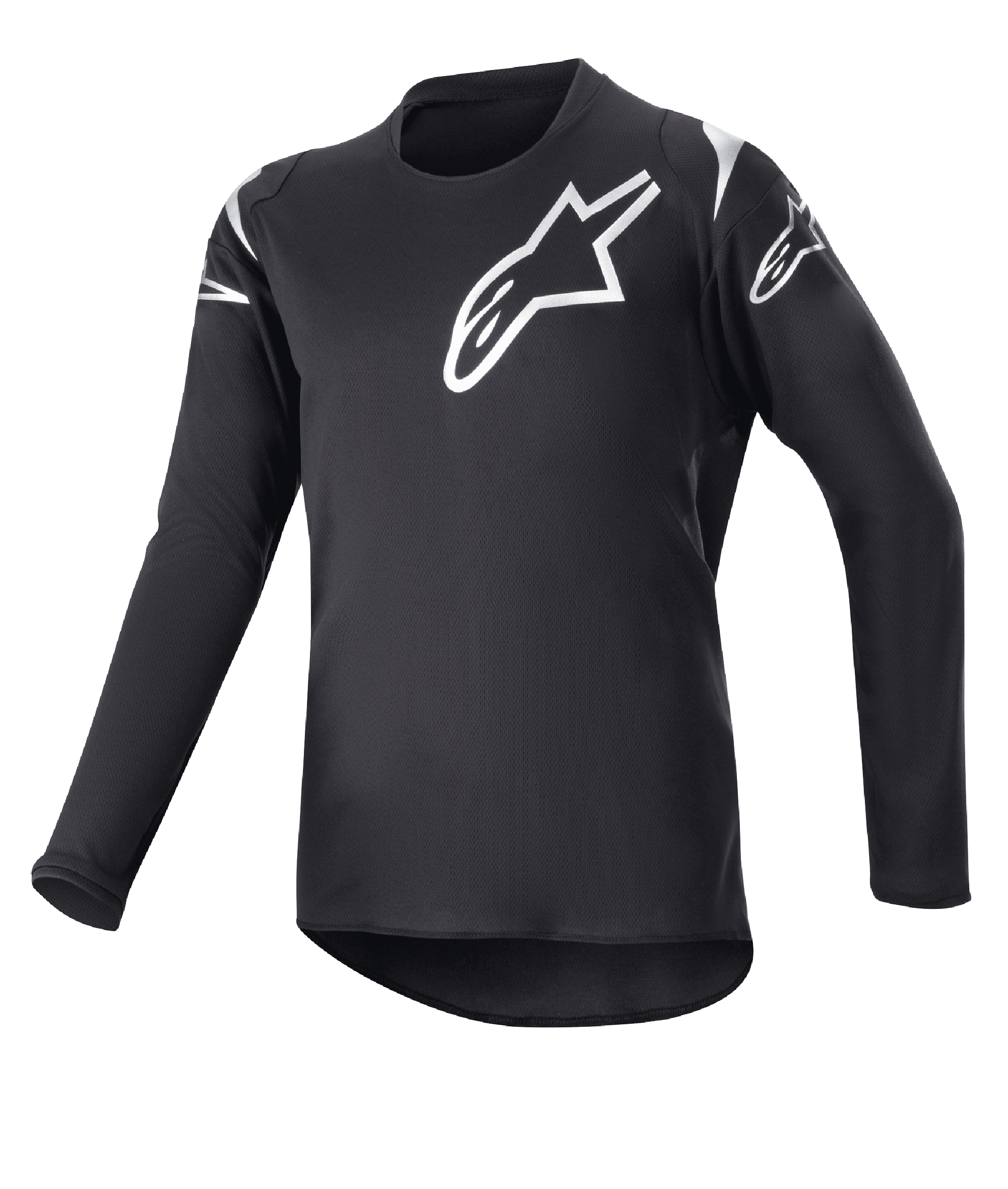 Alpinestars Youth 2023 Racer Graphite Jersey, jersey de motocross, negro y negro reflectante, logotipos de estrellas blancas en el pecho y los hombros, manga larga, tejido ligero que absorbe la humedad con dobladillo trasero más largo, diseño deportivo para conducción off-road