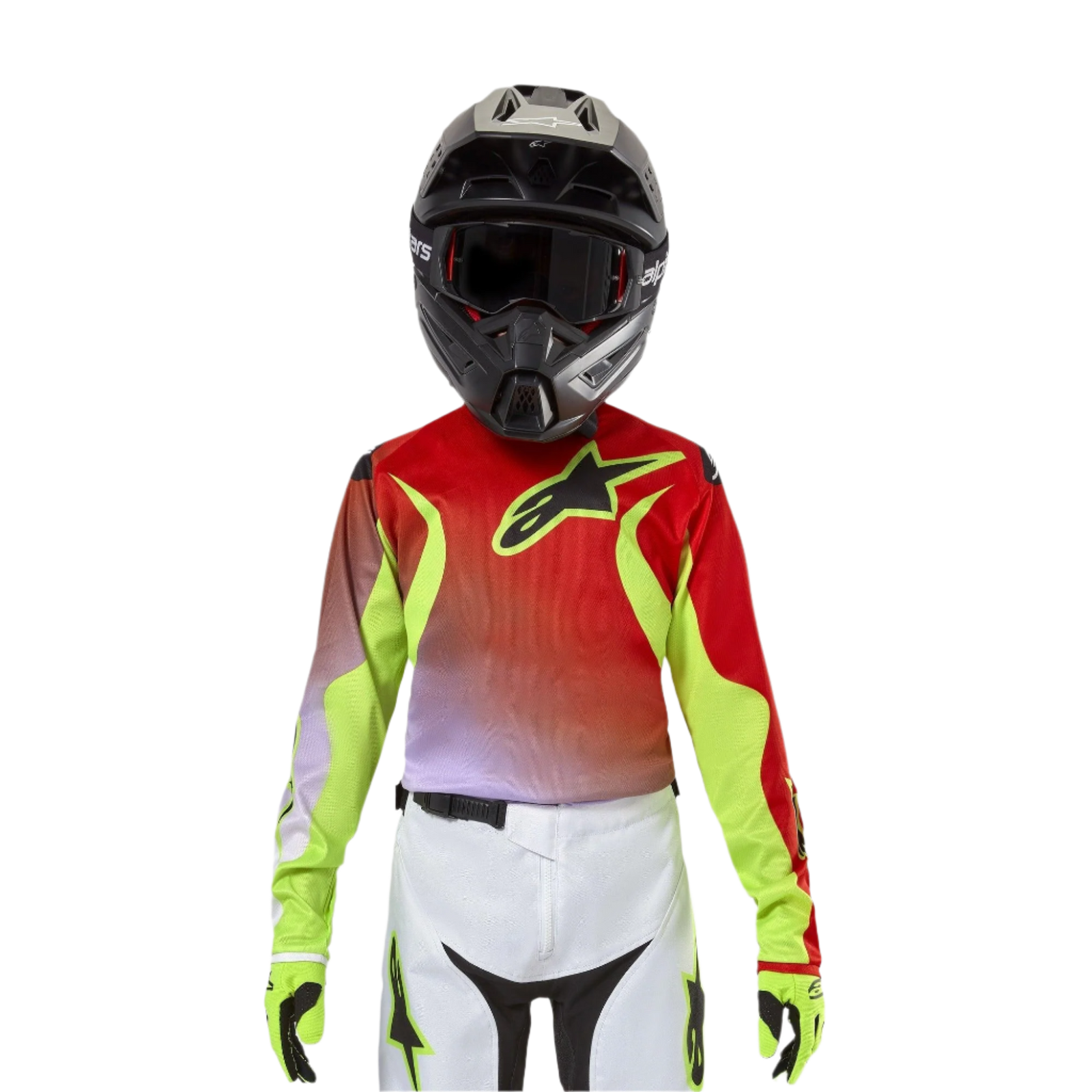 Alpinestars Jersey Racer Lucent Juvenil 2024, jersey de motocross, blanco, rojo neón y amarillo flúor, con un diseño en rojo y amarillo neón con el logotipo de la estrella en negro, usado con casco negro a juego, pantalones blancos y guantes neón para un equipo profesional de carreras todoterreno.
