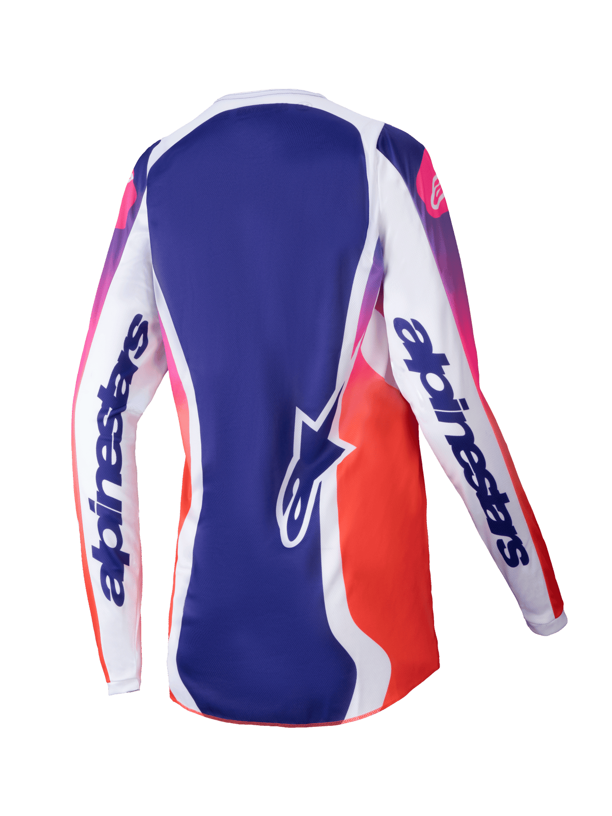 Alpinestars 2025 Stella Fluid Wurx Jersey para mujer, jersey de motocross, blanco multicolor con degradados de azul y de rosa a naranja, vista trasera que muestra mangas blancas con logotipos llamativos, panel central azul con logo de estrella y diseño atlético transpirable