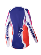 Alpinestars 2025 Stella Fluid Wurx Jersey para mujer, jersey de motocross, blanco multicolor con degradados de azul y de rosa a naranja, vista trasera que muestra mangas blancas con logotipos llamativos, panel central azul con logo de estrella y diseño atlético transpirable