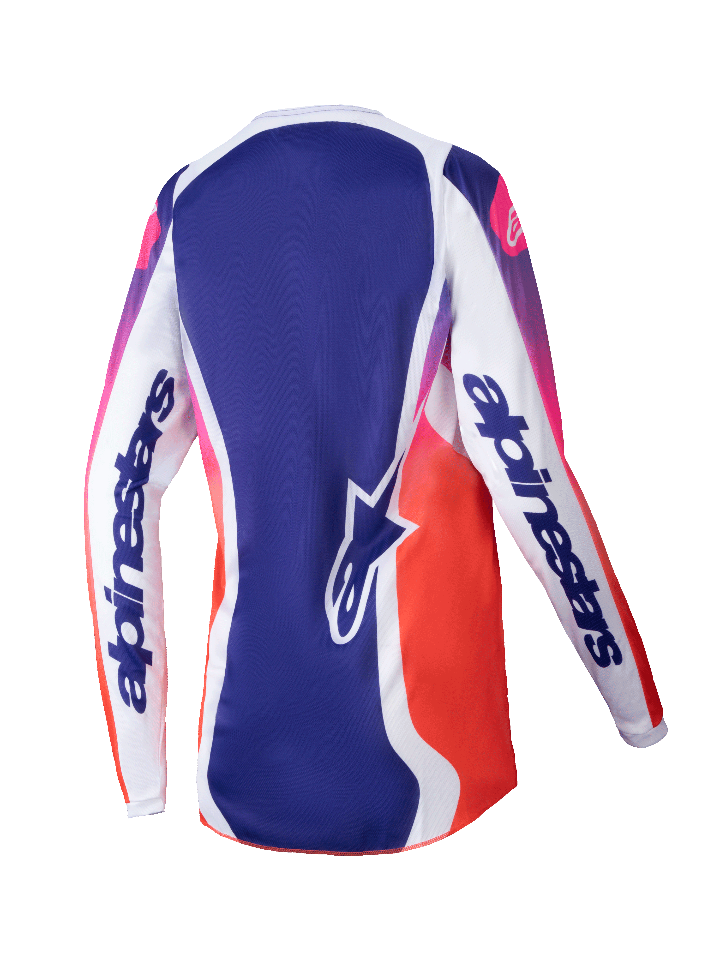 Alpinestars 2025 Stella Fluid Wurx Jersey para mujer, jersey de motocross, blanco multicolor con degradados de azul y de rosa a naranja, vista trasera que muestra mangas blancas con logotipos llamativos, panel central azul con logo de estrella y diseño atlético transpirable
