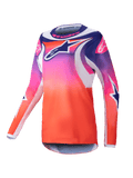 Alpinestars 2025 Stella Fluid Wurx Jersey, camiseta de motocross para mujer, degradado en morado, rosa y naranja con gráficos de estrellas en azul marino y blanco, corte atlético de manga larga, cuello redondo, equipamiento de alto rendimiento para off-road
