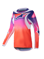 Alpinestars 2025 Stella Fluid Wurx Jersey, camiseta de motocross para mujer, degradado en morado, rosa y naranja con gráficos de estrellas en azul marino y blanco, corte atlético de manga larga, cuello redondo, equipamiento de alto rendimiento para off-road