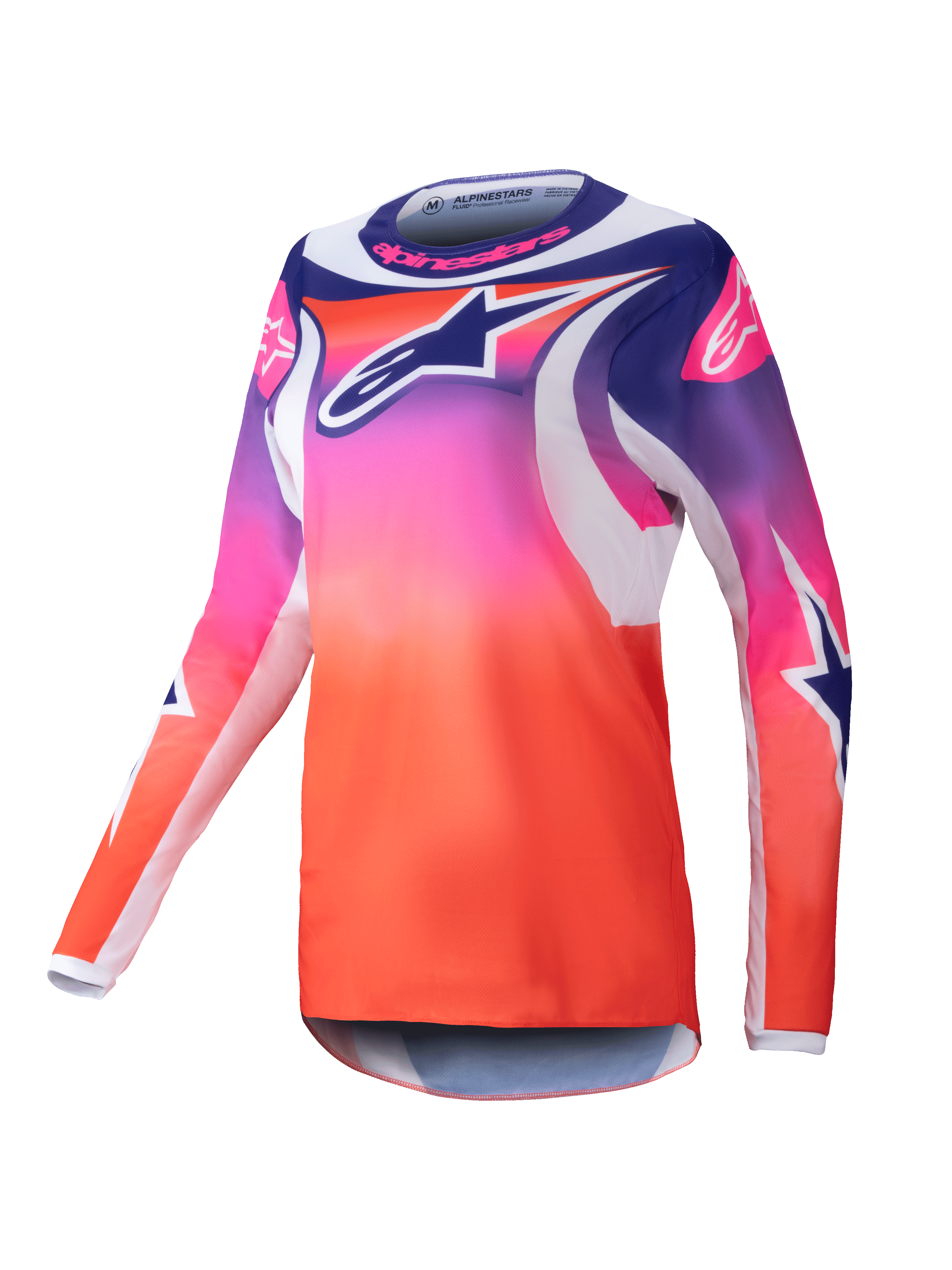 Alpinestars 2025 Stella Fluid Wurx Jersey, camiseta de motocross para mujer, degradado en morado, rosa y naranja con gráficos de estrellas en azul marino y blanco, corte atlético de manga larga, cuello redondo, equipamiento de alto rendimiento para off-road