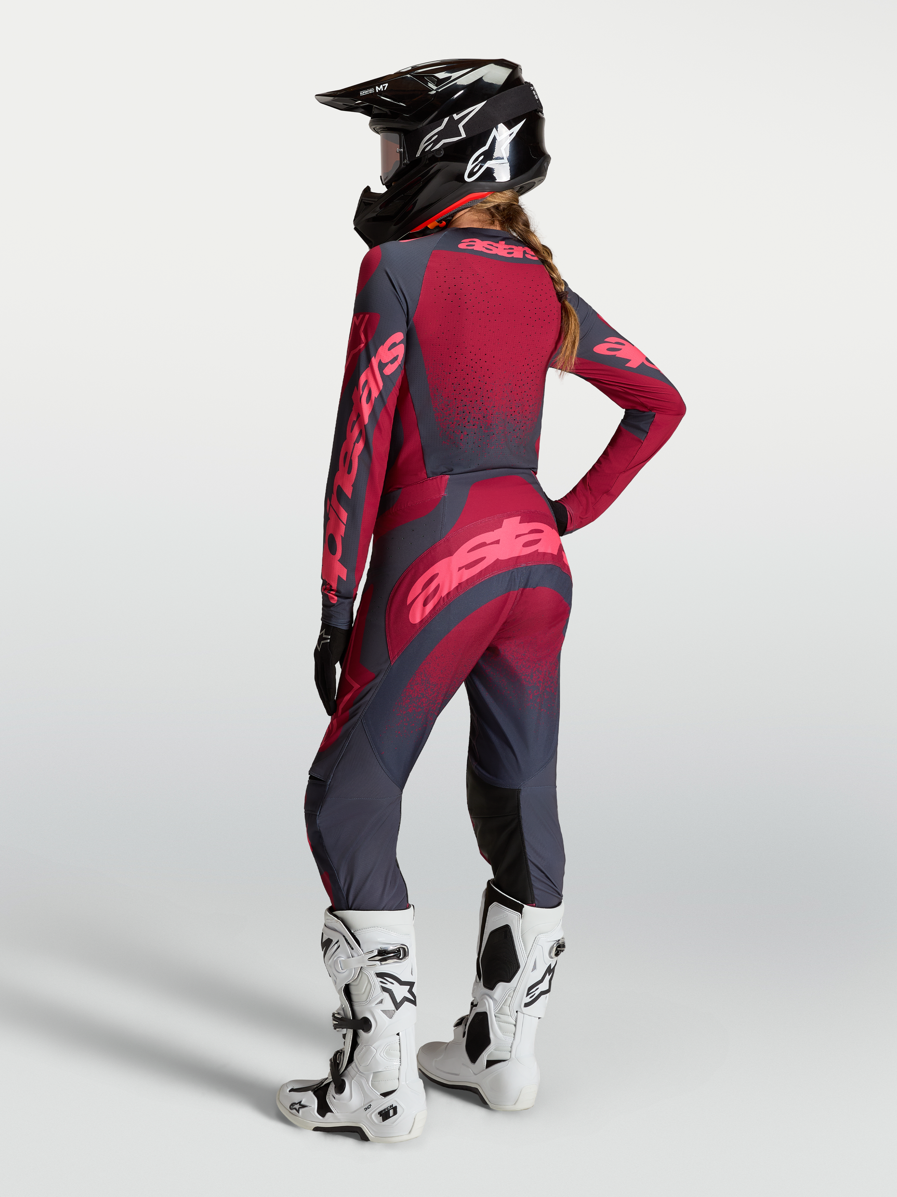 Alpinestars Stella Techstar Swan jersey y conjunto de motocross para mujer, en color rojo carmesí y gris oscuro