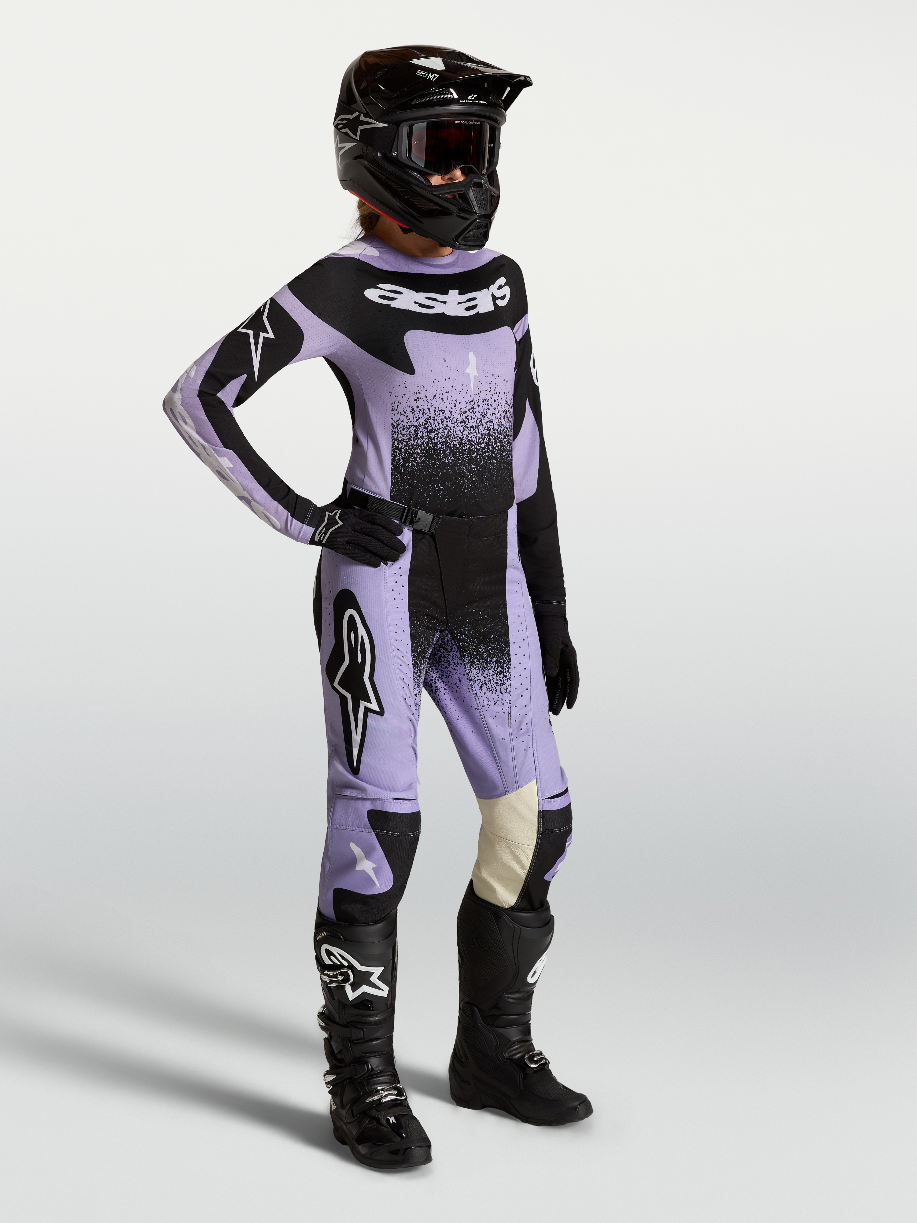 Pantalones Alpinestars Stella Techstar Swan para mujer, morados y negros, construcción textil resistente para motocross