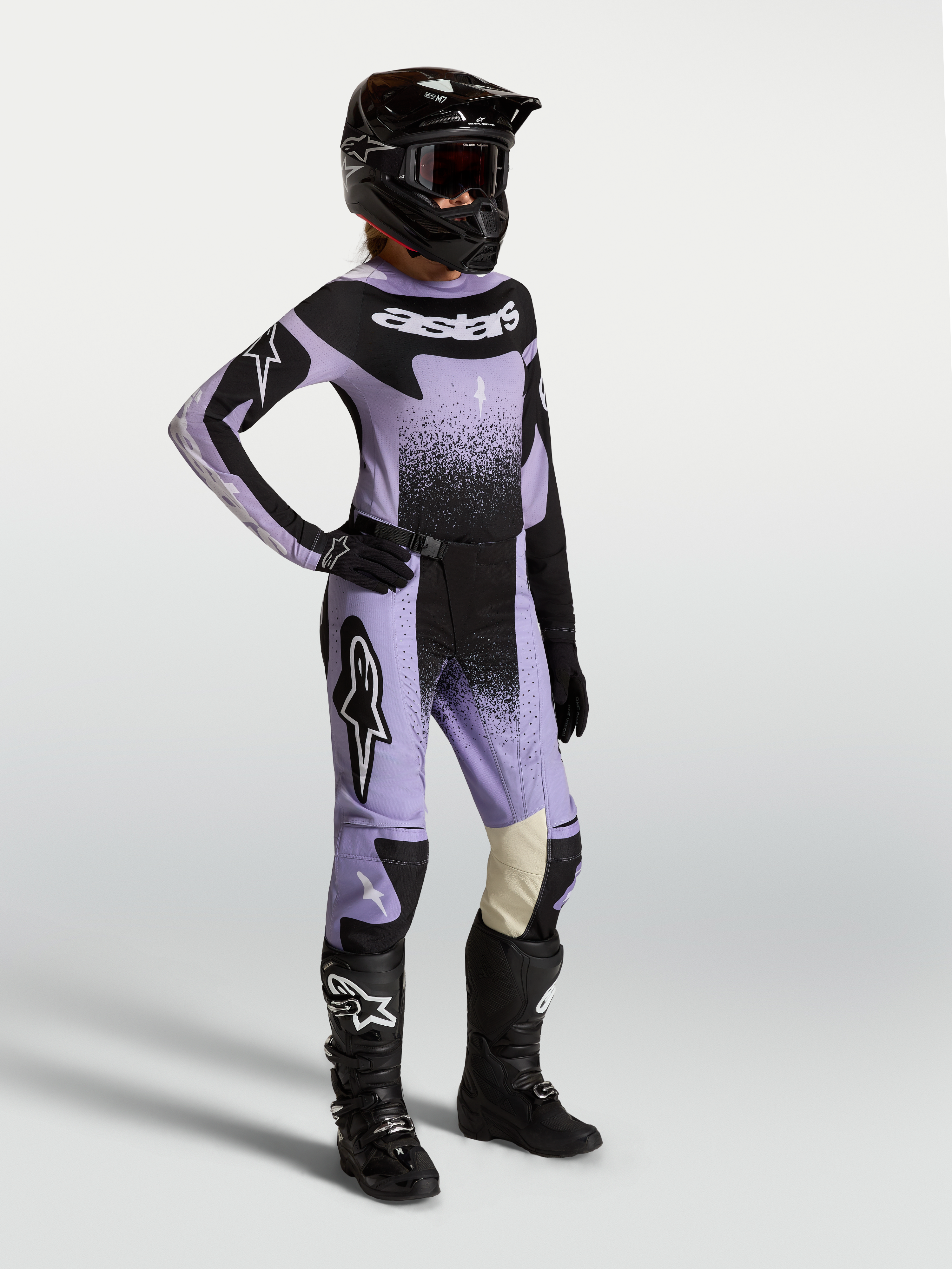 Alpinestars Stella Techstar Swan, jersey y conjunto de motocross para mujer, violeta claro y negro, gráficos de cisne