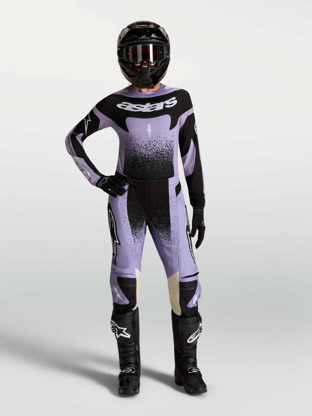 Stella Techstar Swan Gear Set de Alpinestars, conjunto de motocross para mujer en violeta claro y negro, incluye jersey y pantalón técnicos con ajuste de carreras