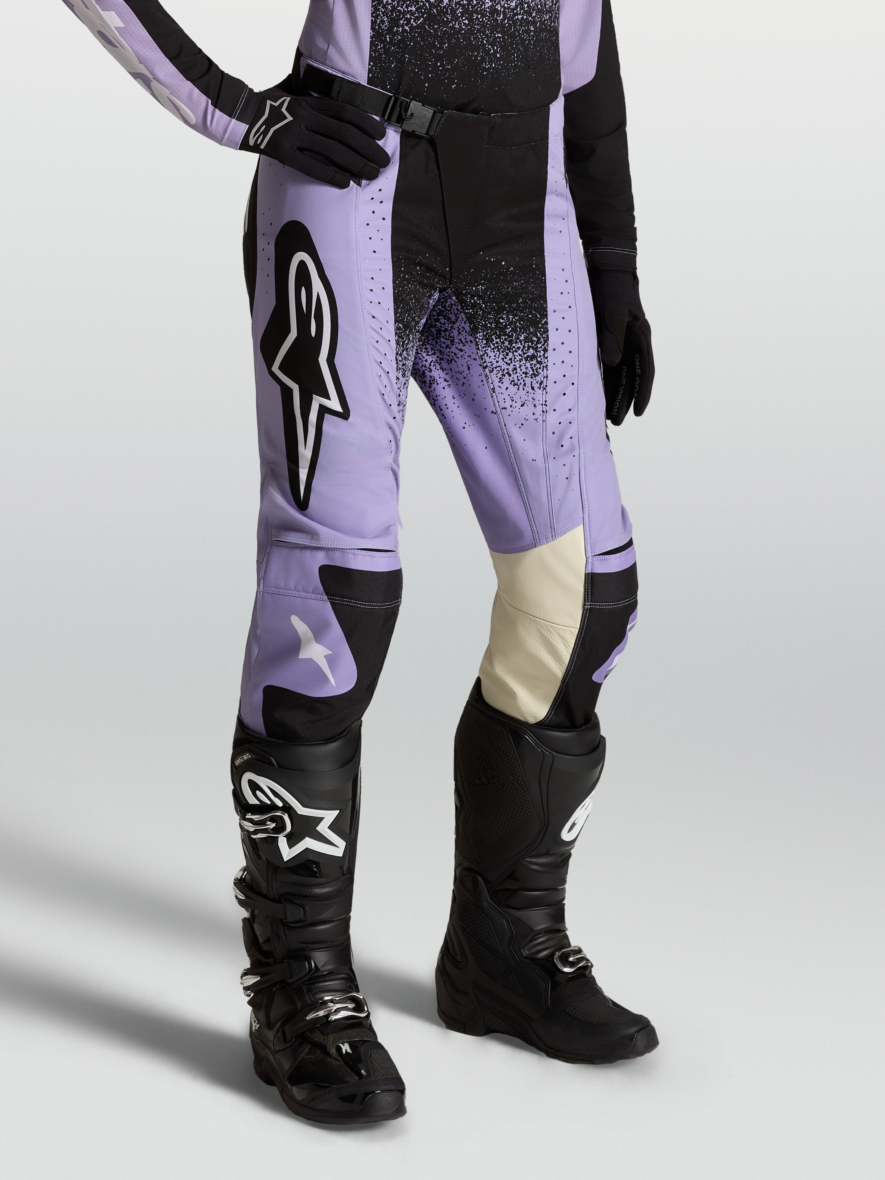 Alpinestars Pantalones Stella Techstar Swan, pantalones de motocross para mujer en morado y negro con paneles de rodilla de cuero y cierre SX2.