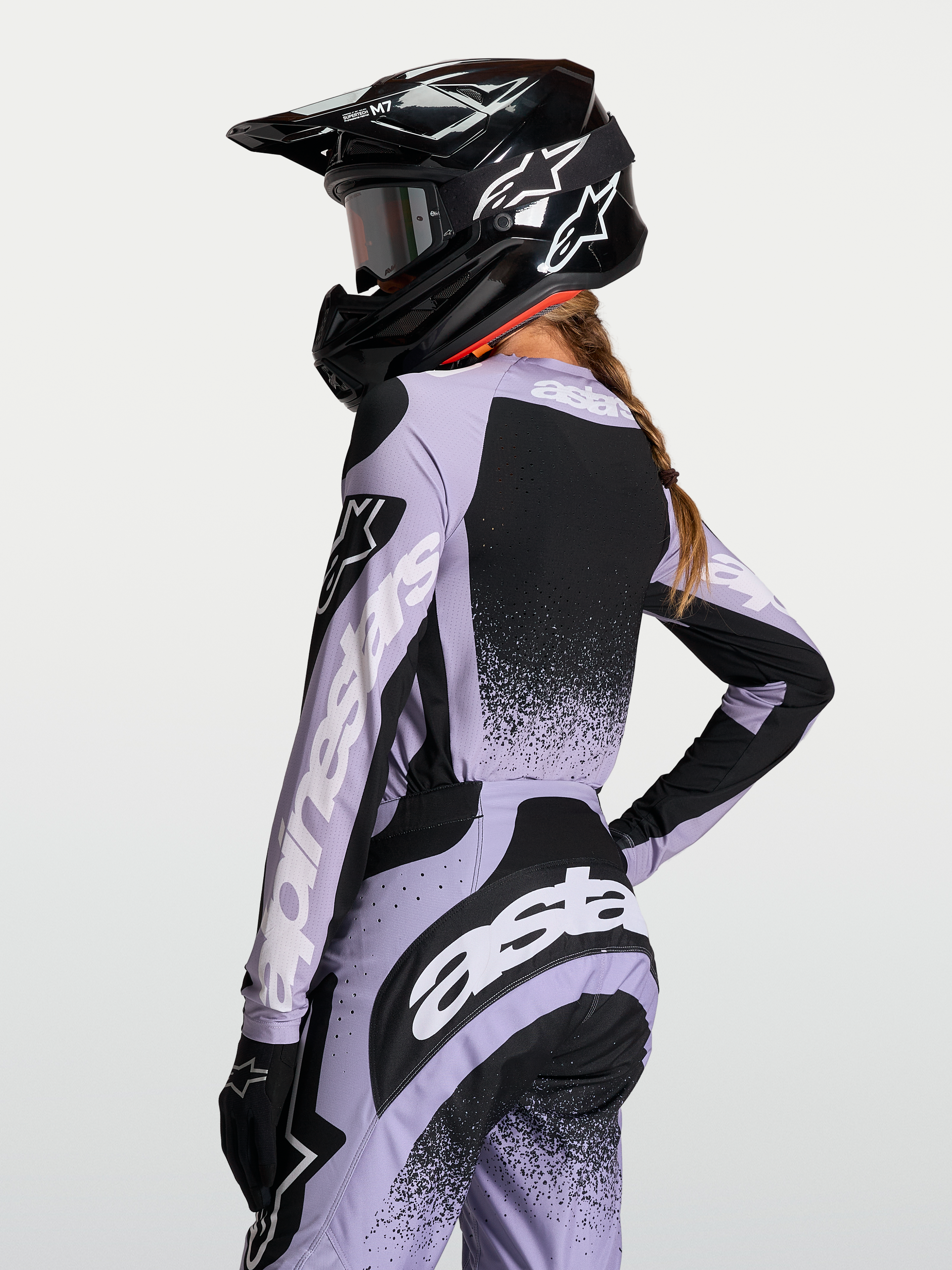 Alpinestars Stella Techstar Swan Jersey, Women's Motocross Racing Top, Light Violet and Black, with a breathable race fit.