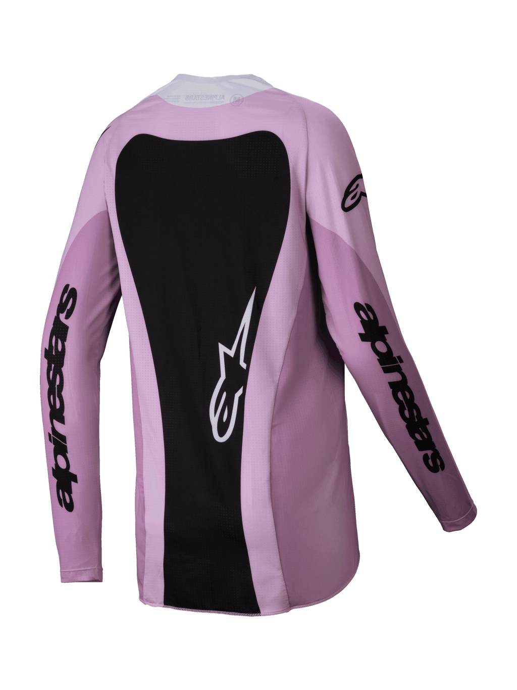 Alpinestars Stella Techstar Melt Jersey 2025 para mujer, jersey de motocross, Blush Black, vista trasera con un gran panel posterior negro y logotipo Astars en blanco, marca negra en las mangas y construcción de politejido ligero para carreras todoterreno