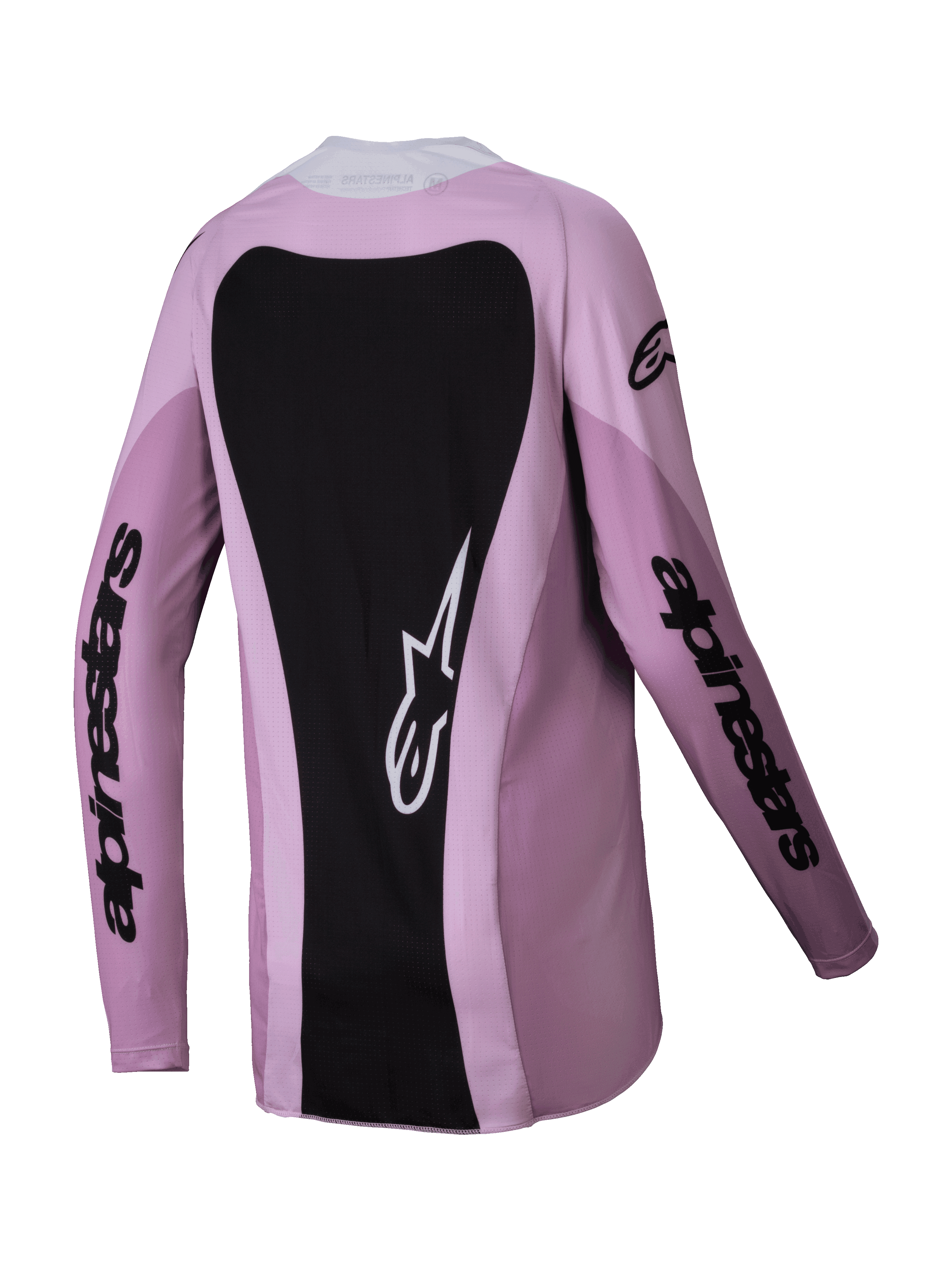 Alpinestars Stella Techstar Melt Jersey 2025 para mujer, jersey de motocross, Blush Black, vista trasera con un gran panel posterior negro y logotipo Astars en blanco, marca negra en las mangas y construcción de politejido ligero para carreras todoterreno