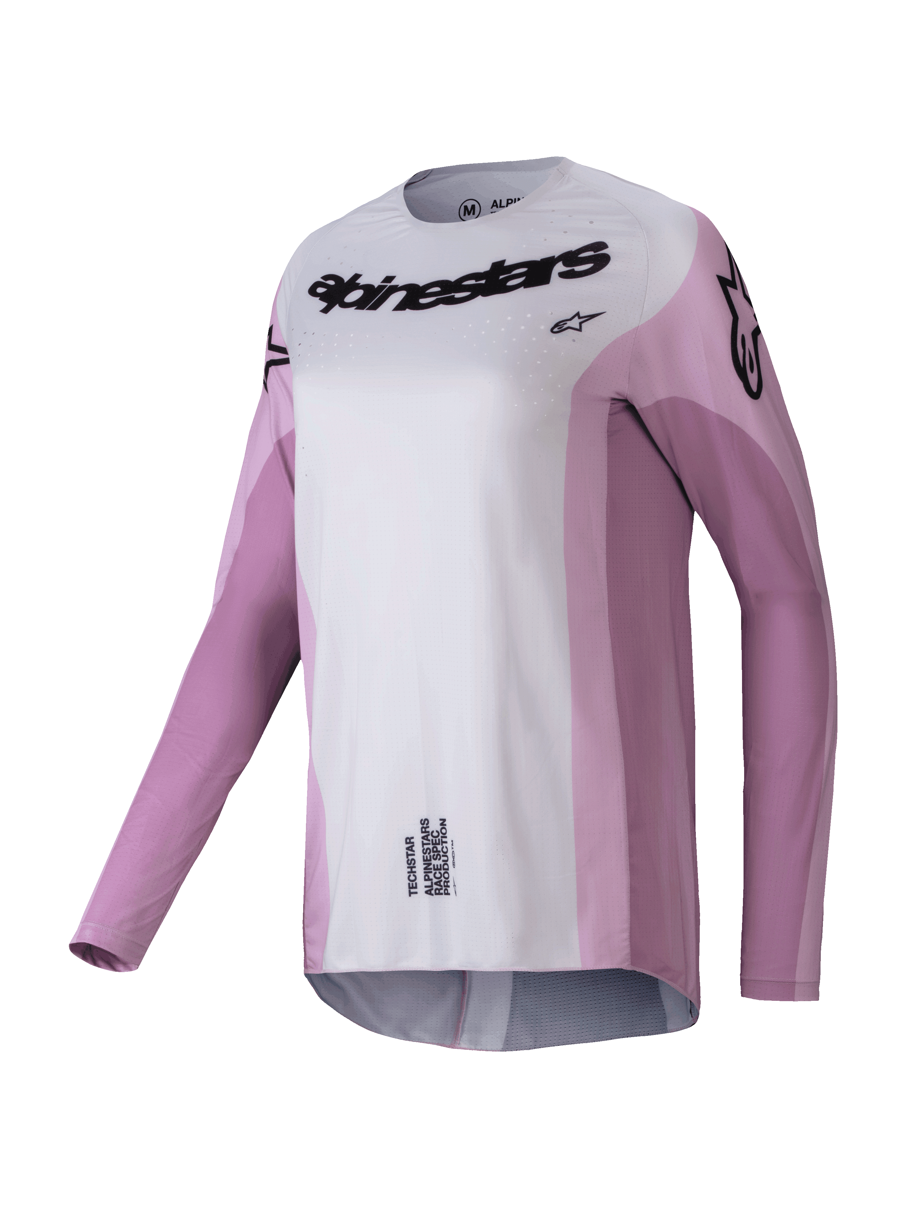Alpinestars Stella Techstar Melt Jersey 2025, jersey de motocross de manga larga para mujer, rosa rubor y gris claro con logotipos negros, perforaciones cortadas con láser para ventilación, prenda de competición con ajuste atlético
