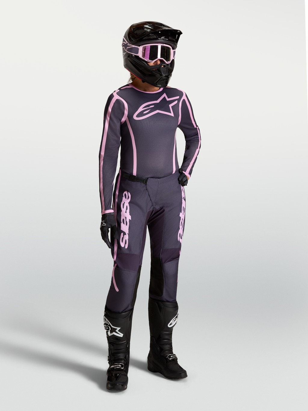 Alpinestars Stella Fluid Apex V2, pantalones y jersey de motocross para mujer, gris y rosa para off-road.