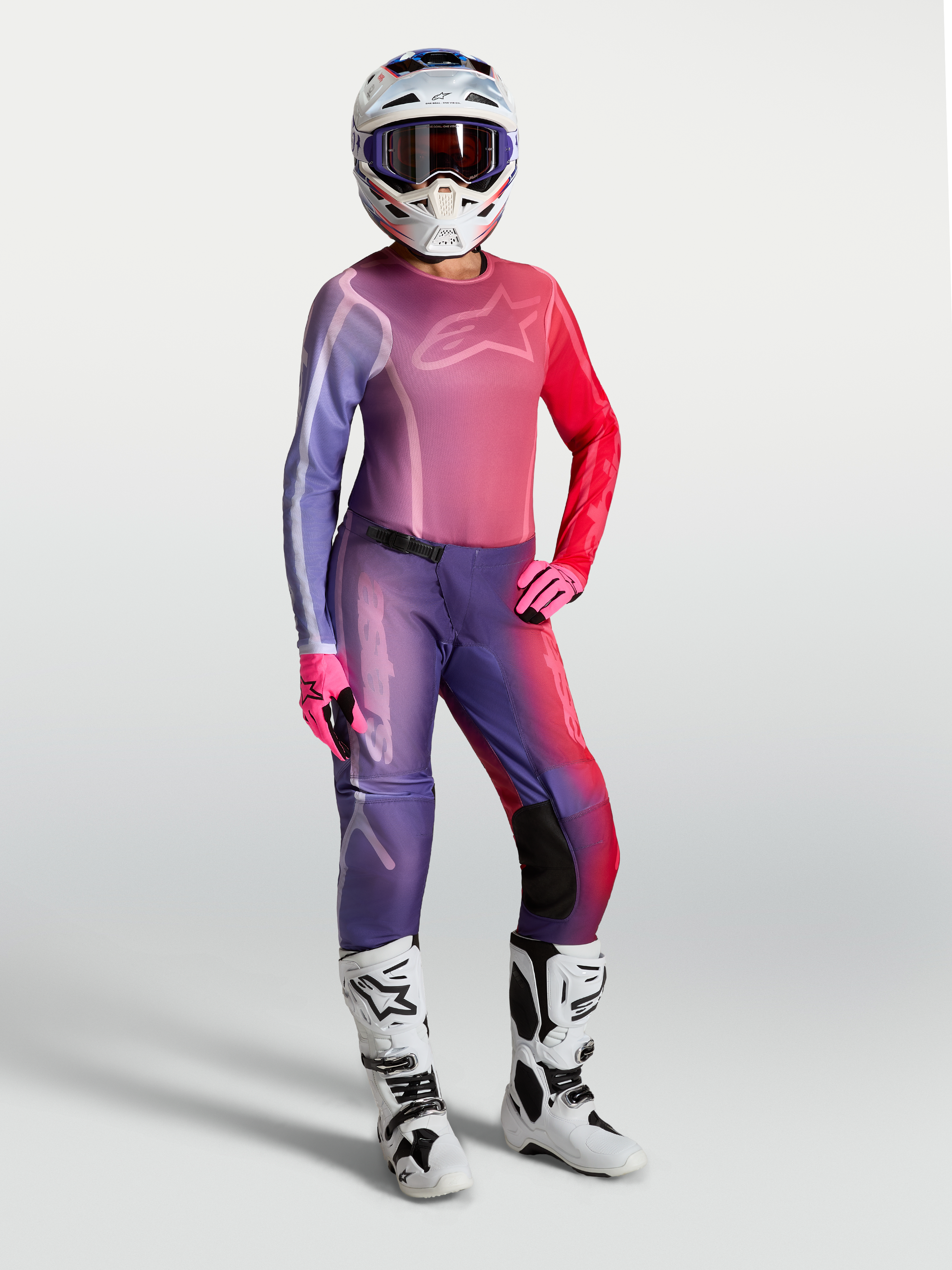 Alpinestars Stella Fluid Kepler, conjunto de motocross para mujer, diseño en degradado morado y rojo, ropa técnica off-road