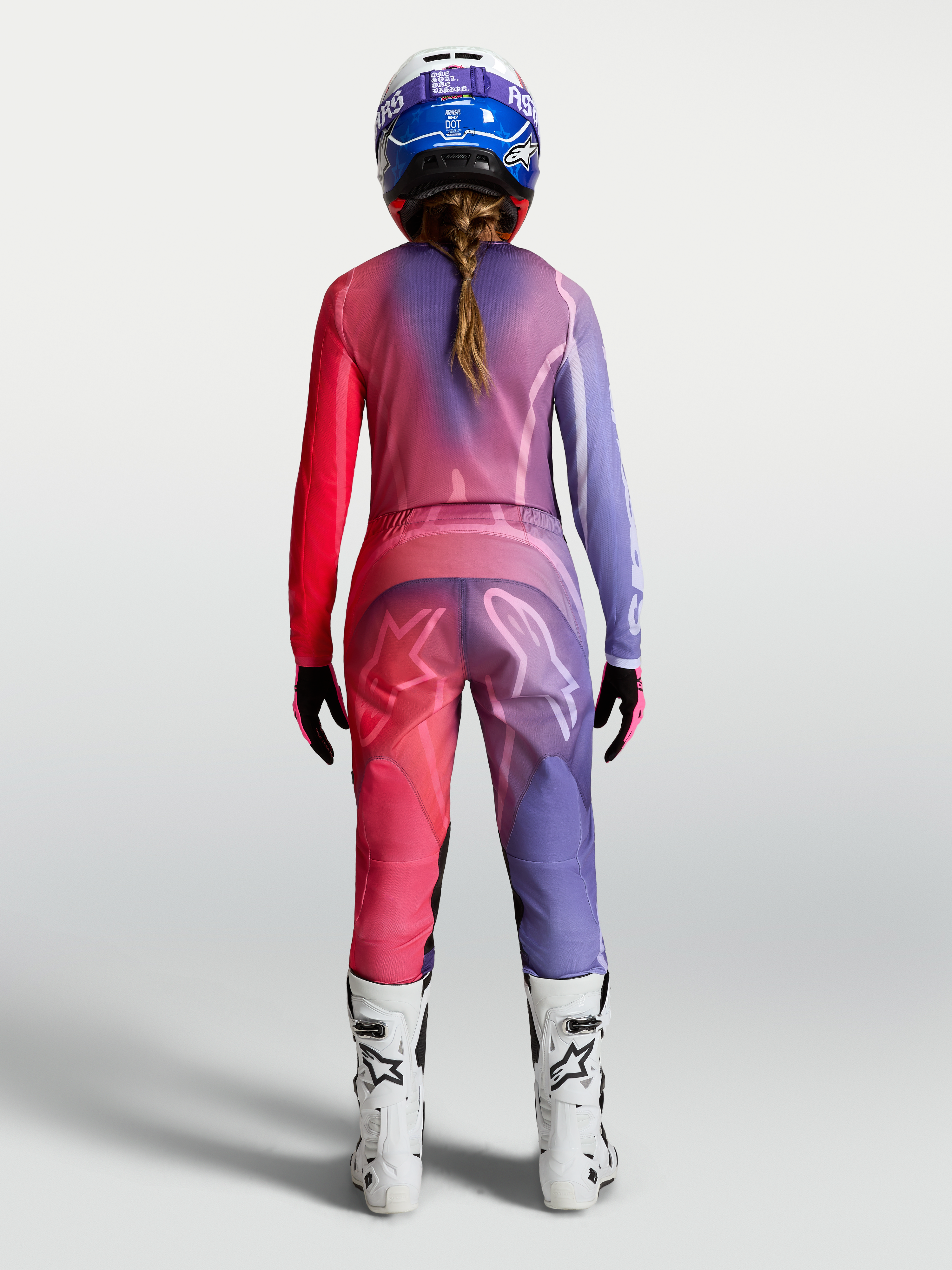 Alpinestars pantalones Stella Fluid Kepler y Stella Fluid Kepler Gear Set, conjunto de motocross para mujer, morado y rojo, vista trasera, equipo técnico para off-road