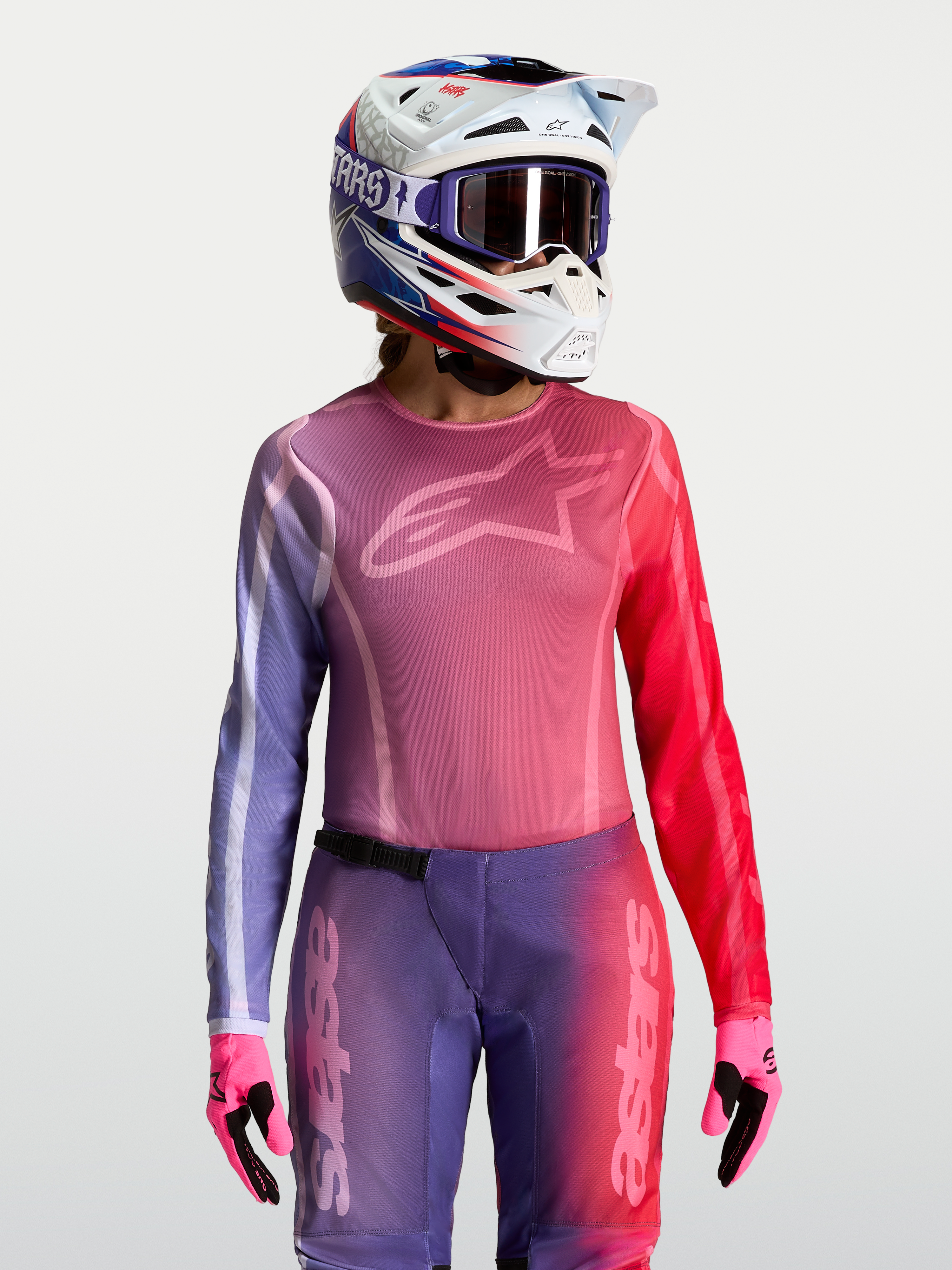 Alpinestars Stella Fluid Kepler, jersey de motocross para mujer, morado y rojo, ajuste atlético con polifabricado técnico, conjunto con casco y guantes de motociclismo