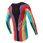 Alpinestars Stella Techstar Jersey 2024 para mujer, jersey de motocross, negro multicolor, vista trasera con un vibrante patrón ondulado en rojo, amarillo y turquesa, logo Astar blanco en la parte inferior de la espalda y marca Alpinestars en las mangas