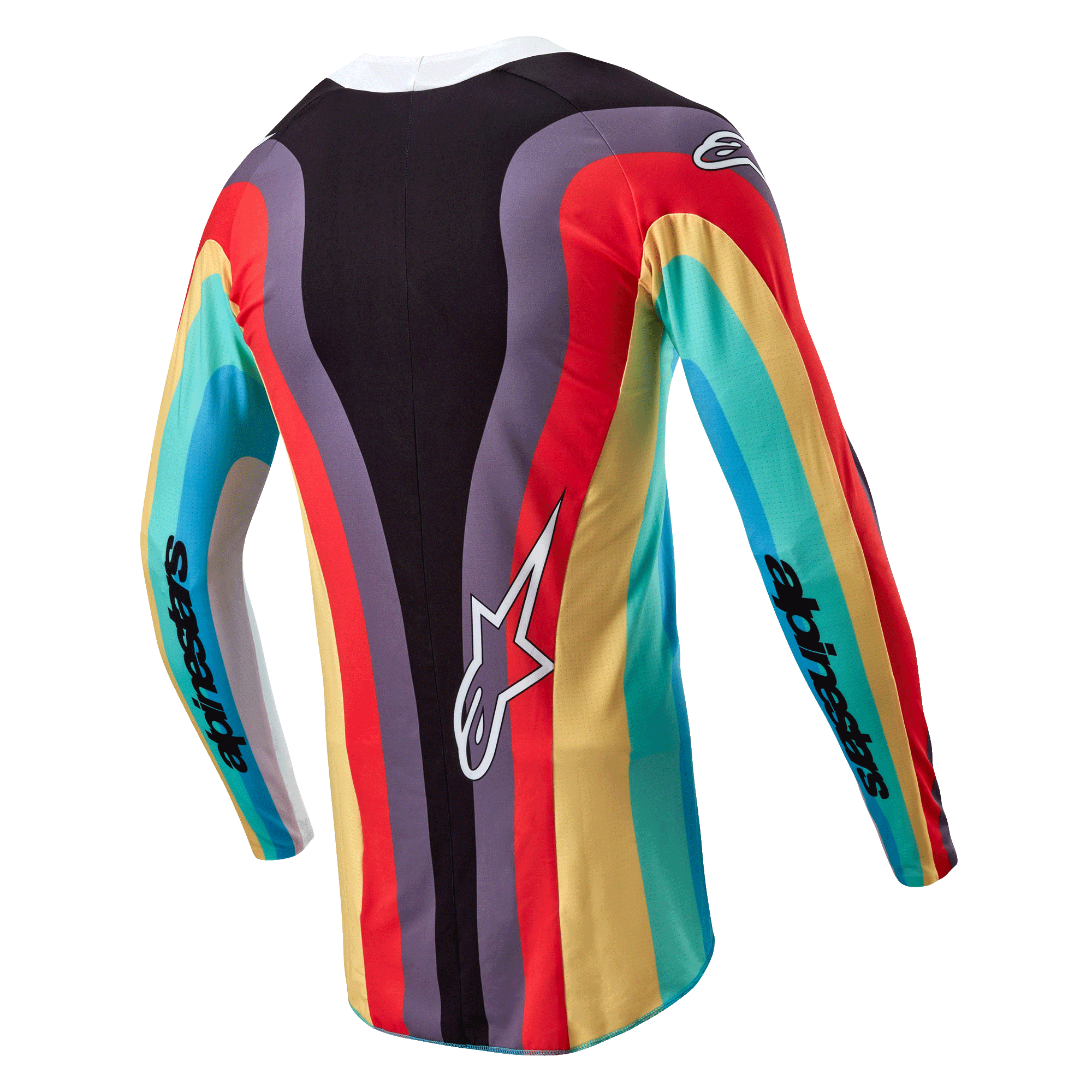 Alpinestars Stella Techstar Jersey 2024 para mujer, jersey de motocross, negro multicolor, vista trasera con un vibrante patrón ondulado en rojo, amarillo y turquesa, logo Astar blanco en la parte inferior de la espalda y marca Alpinestars en las mangas