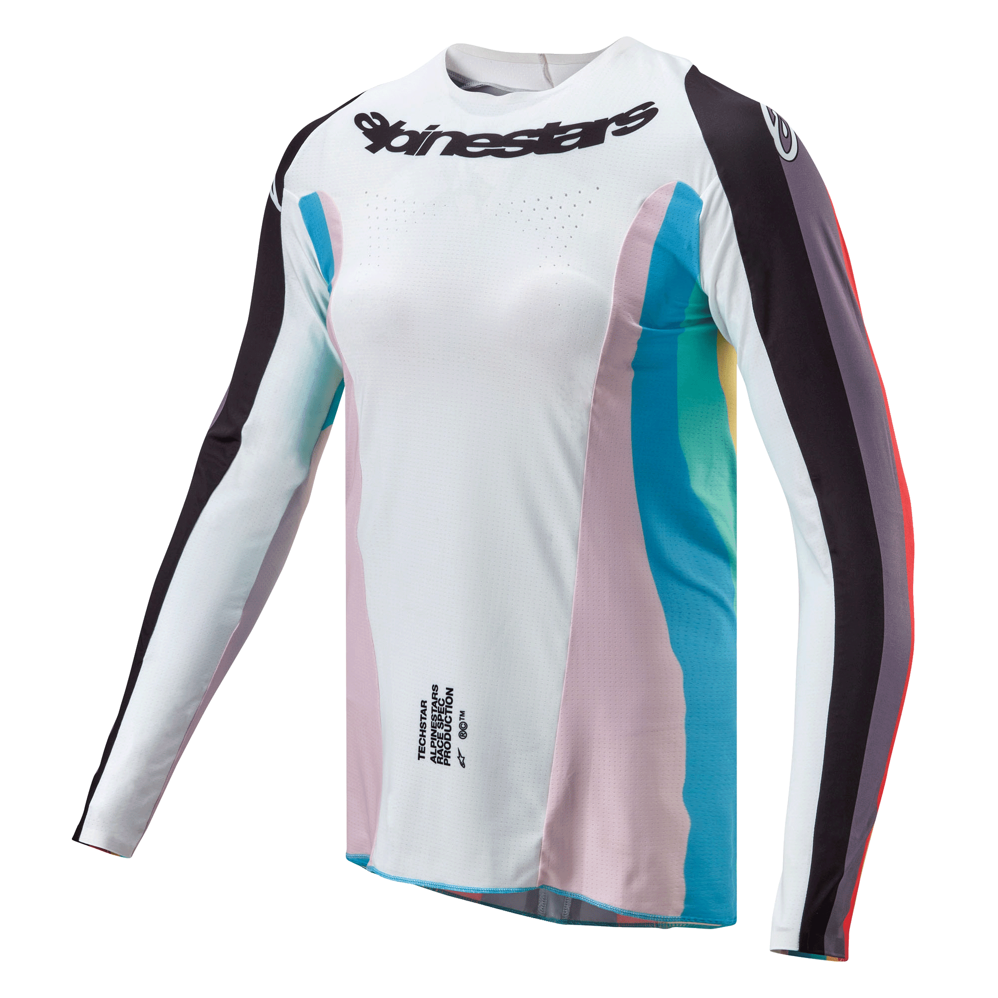 Alpinestars Stella Techstar Jersey 2024 para mujer, jersey de motocross, negro multicolor, cuerpo blanco con paneles laterales en rosa y verde azulado, mangas con rayas negras, logotipo de Alpinestars en el pecho, ajuste atlético femenino con perforaciones de ventilación