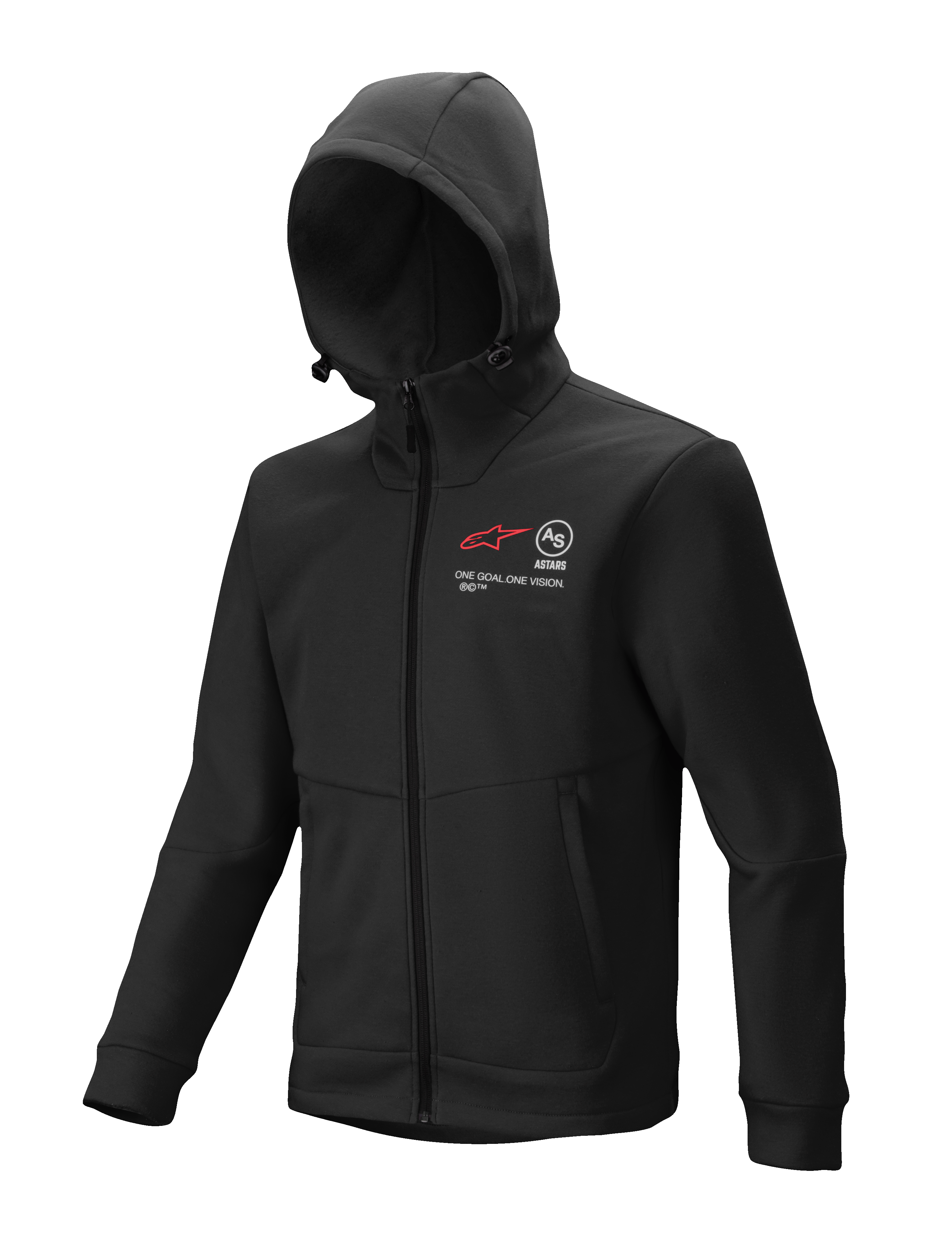 Alpinestars Racer MX Fleece, sudadera negra con capucha y cremallera frontal completa, prenda para motocross y conducción off-road, con gráficos rojos y blancos en el pecho y el texto 'ONE GOAL. ONE VISION.', capucha ajustable con tancas, bolsillos con cremallera y ajuste ergonómico para uso en pista o conducción.