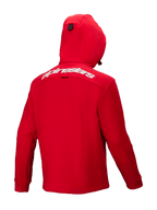 Alpinestars Racer MX Forro Polar, sudadera de motocross con capucha en color rojo, vista trasera, con el logotipo de Alpinestars en blanco en la parte superior de la espalda, capucha integrada y diseño ergonómico para rendimiento todoterreno