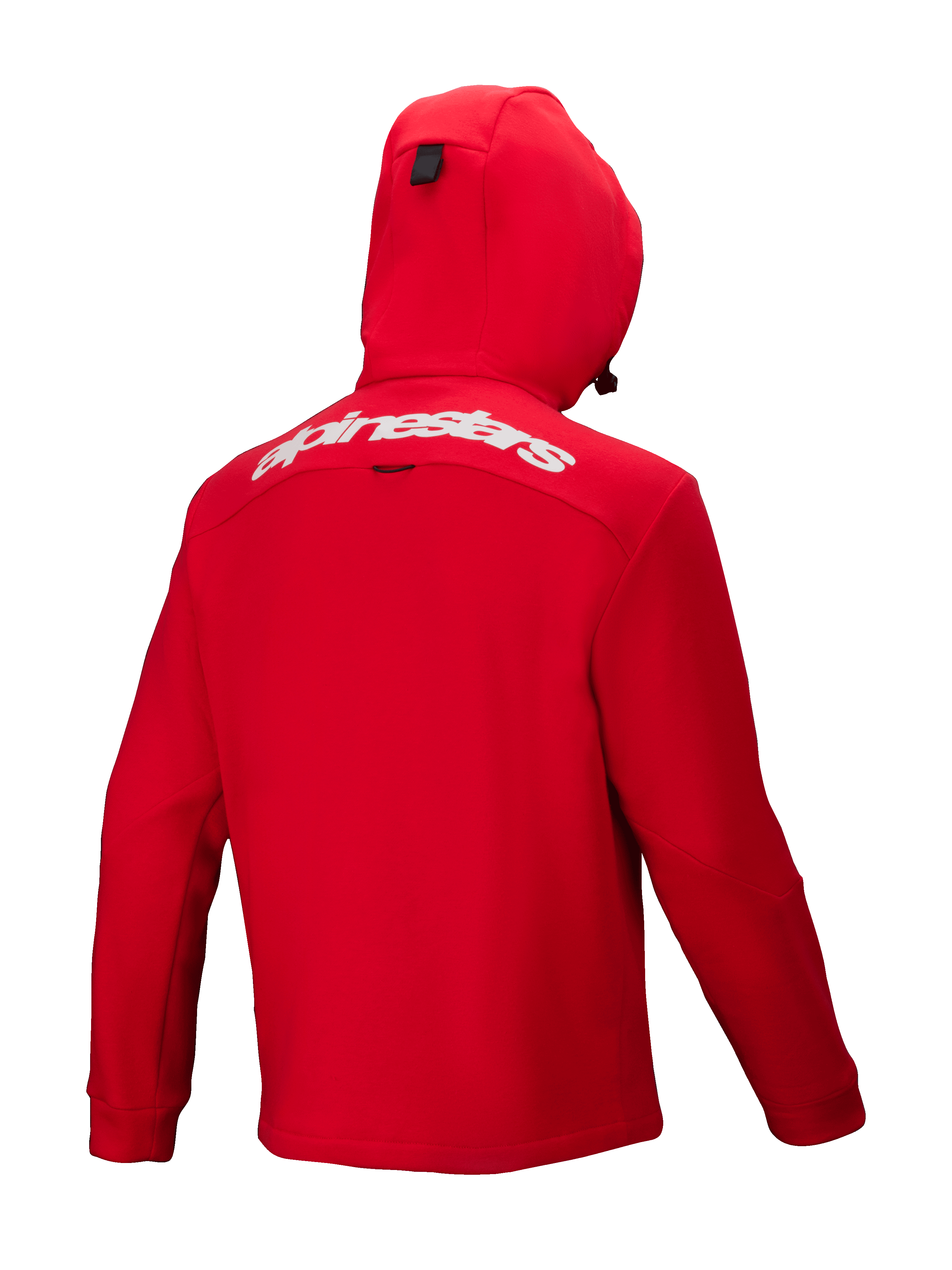 Alpinestars Racer MX Forro Polar, sudadera de motocross con capucha en color rojo, vista trasera, con el logotipo de Alpinestars en blanco en la parte superior de la espalda, capucha integrada y diseño ergonómico para rendimiento todoterreno