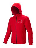 Alpinestars Racer MX Fleece, sudadera con capucha de motocross en color rojo brillante, cremallera negra completa, capucha ajustable, logotipos blancos Astars y One Goal One Vision en el pecho, bolsillos laterales con cremallera, prenda exterior casual de motorsport