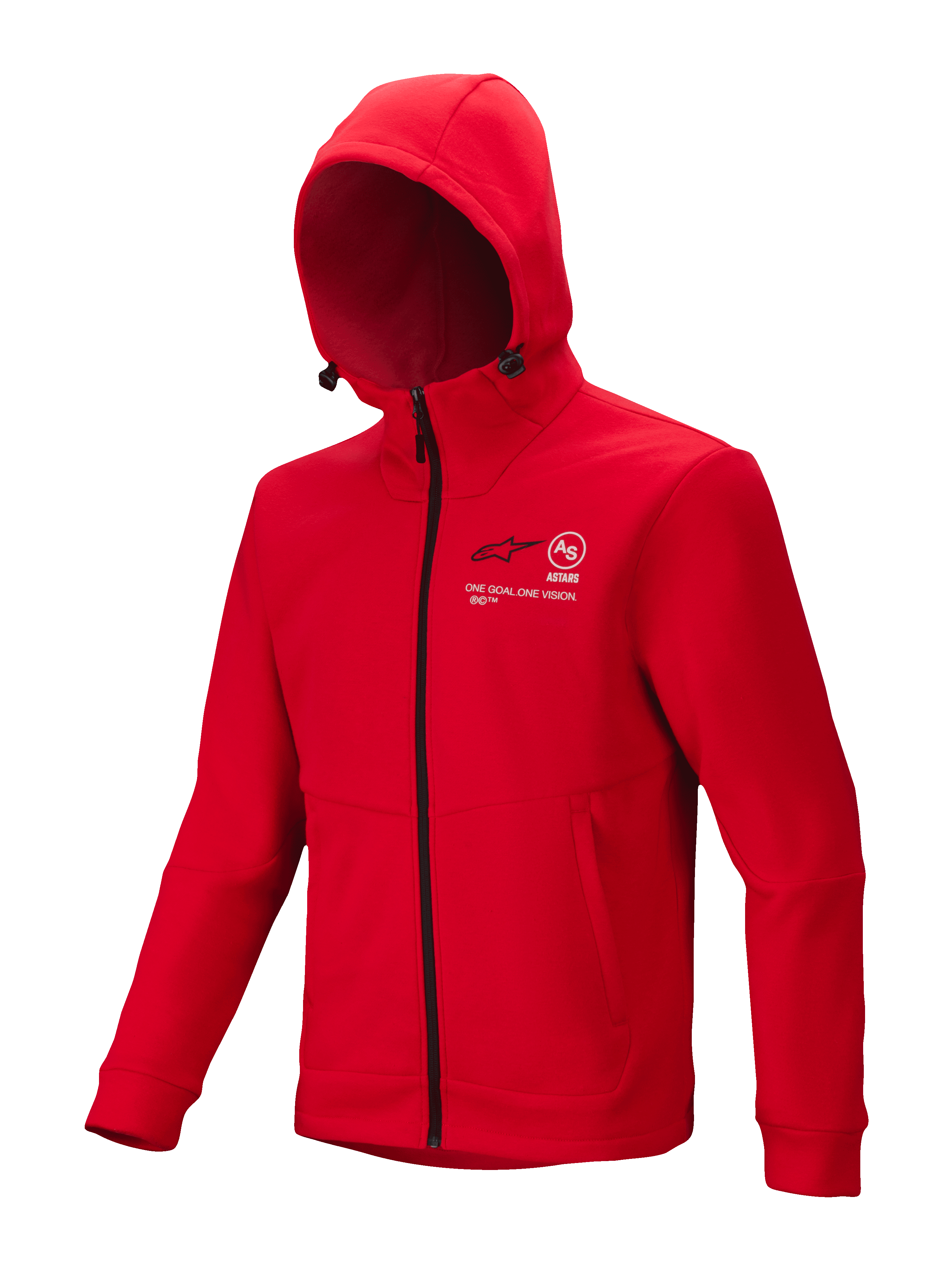 Alpinestars Racer MX Fleece, sudadera con capucha de motocross en color rojo brillante, cremallera negra completa, capucha ajustable, logotipos blancos Astars y One Goal One Vision en el pecho, bolsillos laterales con cremallera, prenda exterior casual de motorsport