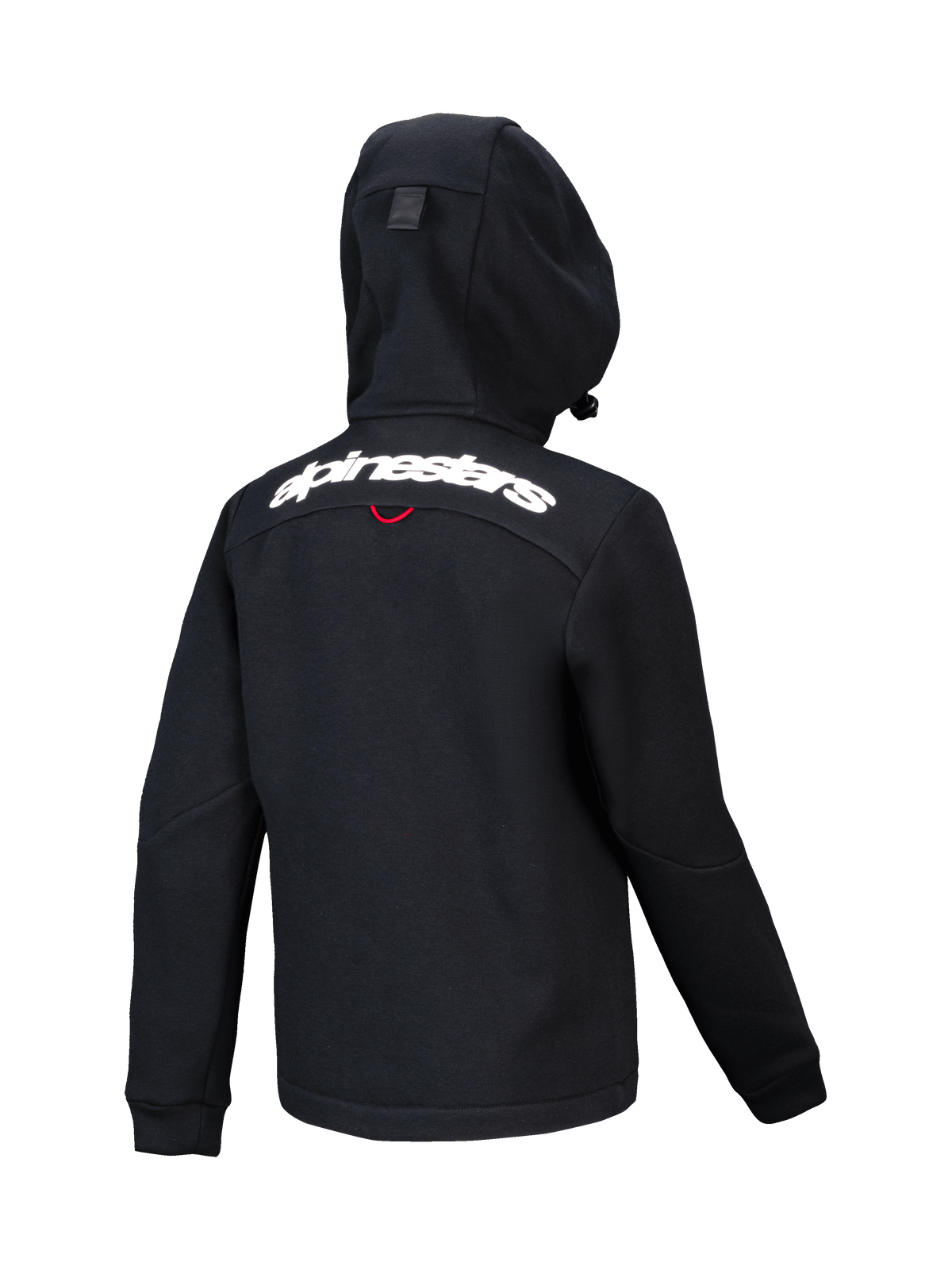 Alpinestars Youth Racer MX Fleece, sudadera de motocross negra, vista trasera con logotipo de Alpinestars en blanco en los hombros, forro polar estructurado con capucha compacta, diseño ergonómico para conducción todoterreno
